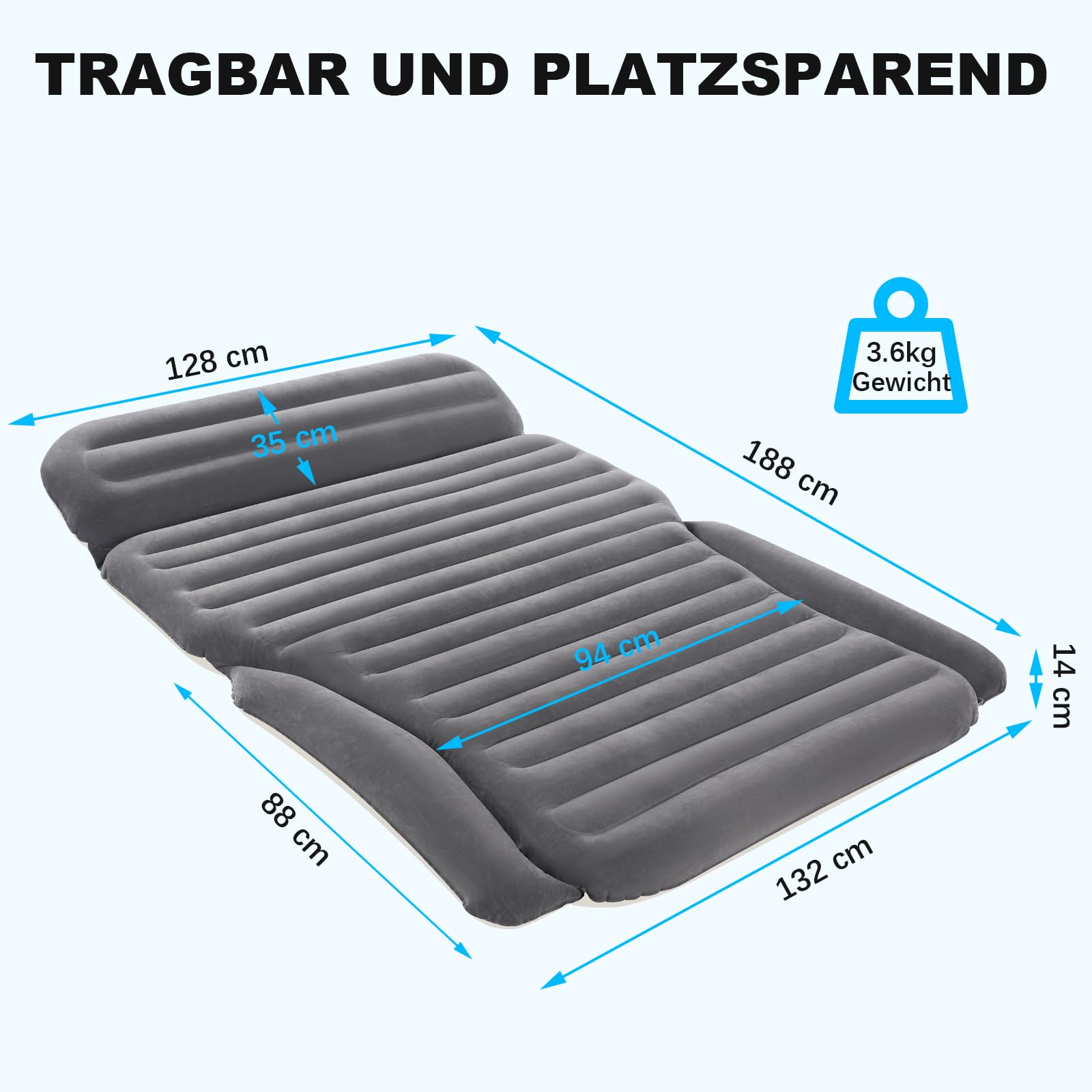 KMZ Aufblasbare SUV-Luftmatratze für Auto, LKW und Camping – tragbares, Dickes Autobett für unterwegs, inkl. 2 Kissen und elektrischer Pumpe