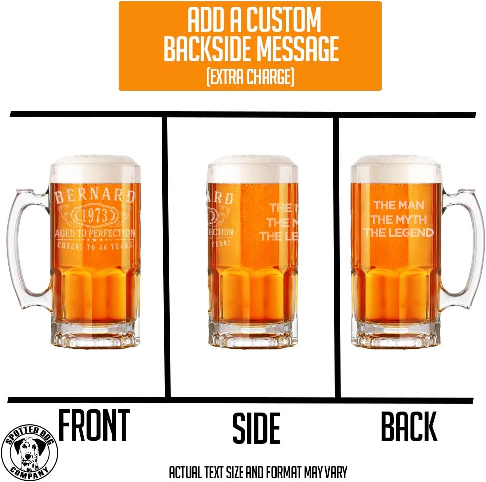 Personalized Etched 34oz Glass Beer Mug for Men - Customized Beer Gifts for Men, Groomsmen Mugs, Custom Retirement, Engraved Birthday Gifts, Father's Day, Regalos Personalizados para Hombre, Bernard