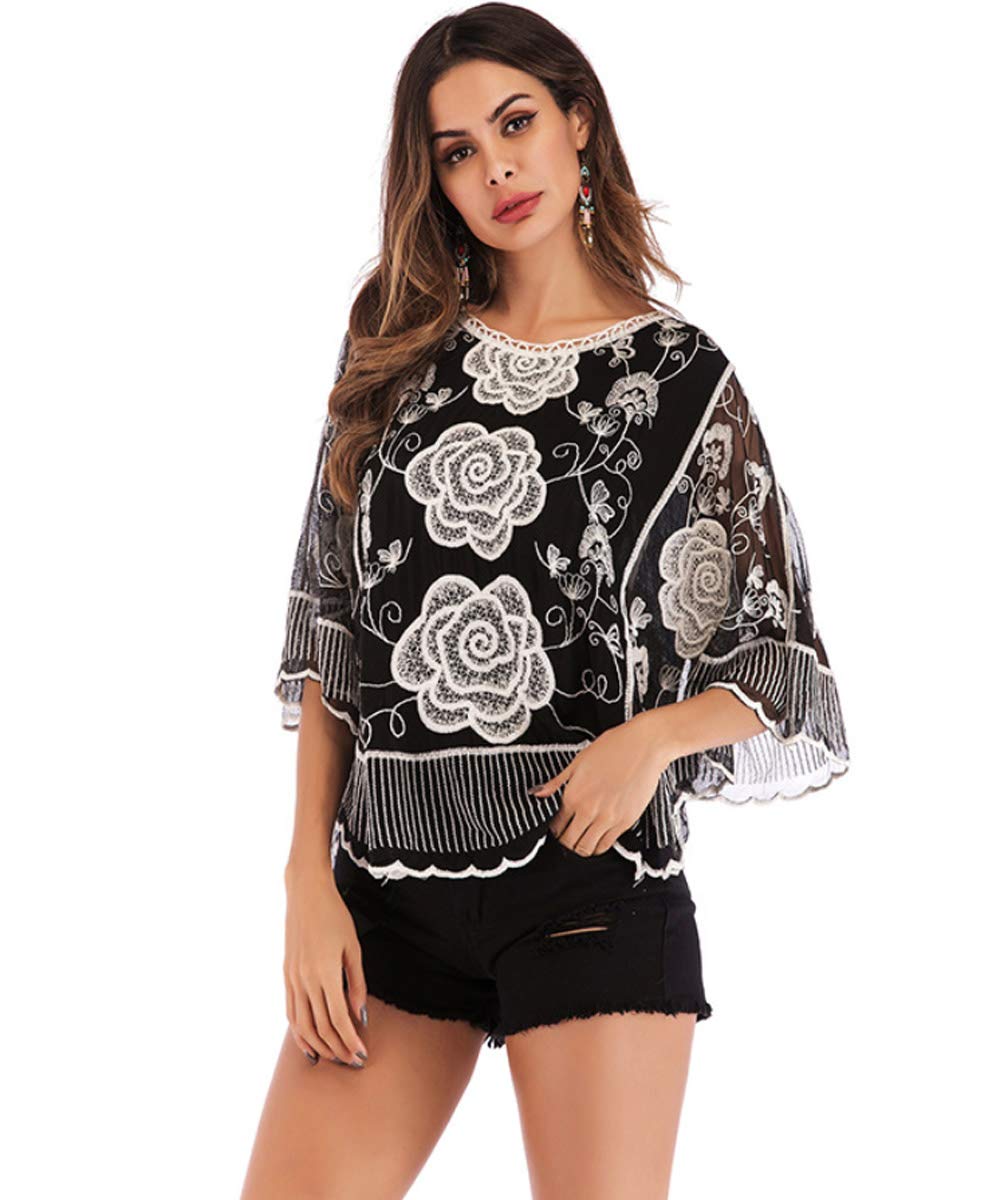 Dilgul Batwing Tops for Women Round Neck Floral Printed Cover up Poncho 3/4 Sleeve Loose Blouses Black
