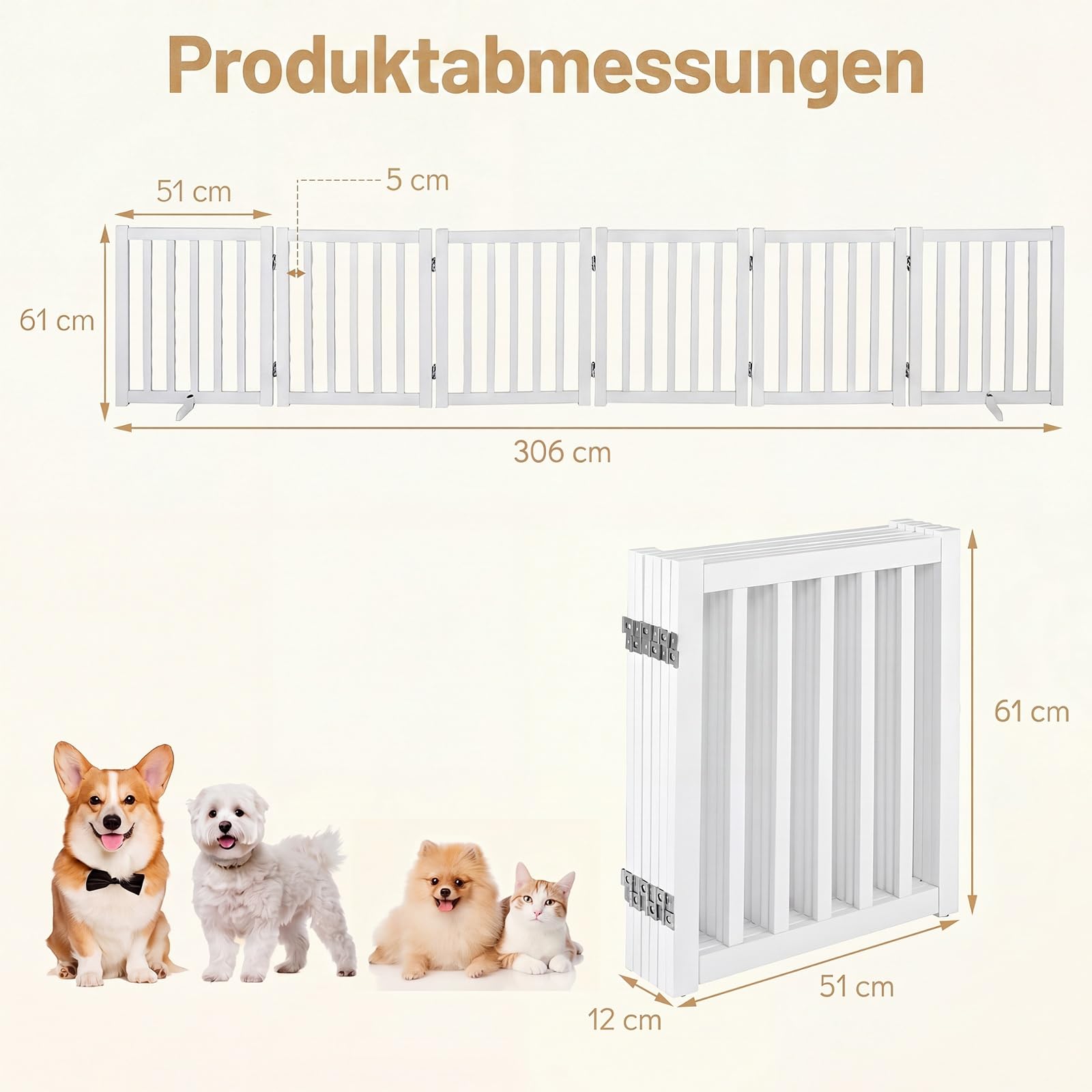 GYMAX 6-teilig Absperrgitter Hund, 61cm Hoch Schutzgitter aus Holz mit 360° Scharnieren & Dreibeinstand, Hundegitter, freistehendes Türschutzgitter für Türen, Treppen