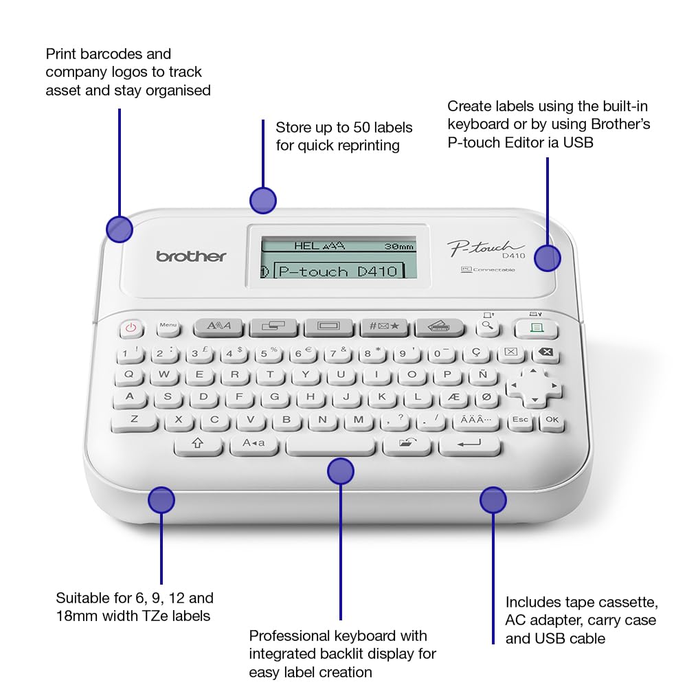 Brother PT-D410 Stampante per etichette desktop versatile | Etichettatrice desktop P-Touch | Tastiera QWERTY | Etichette altamente resistenti fino a 18 mm di larghezza, spina UK