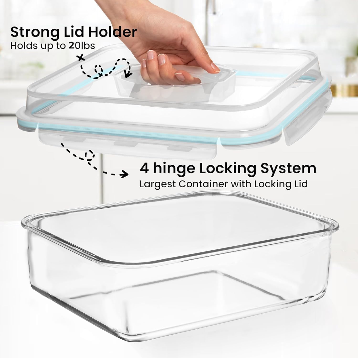 Frischhaltedose aus Glas mit luftdichtem Verschlussdeckel, 4800 ml, ideal zur Aufbewahrung von Lebensmitteln, Gemüse, Obst, Auflaufform, Lasagne, Braten von Truthahn, Huhn, BPA-frei, ofenfest