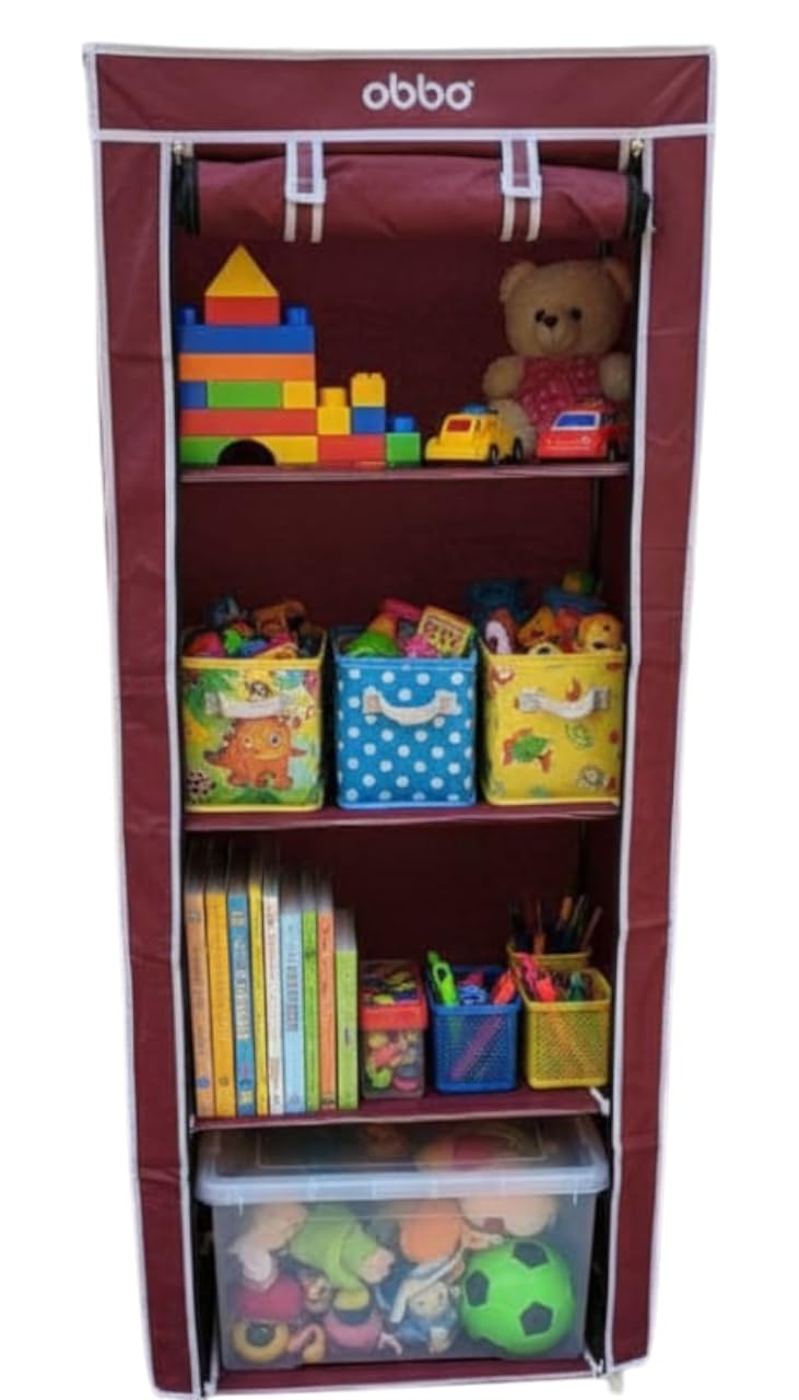 OBBO 4-Layer Single Rack Wardrobe | Portable Foldable Fabric Closet with Steel Frame & Cover | Compact Storage Organizer for Clothes, Toys, Books & Accessories 3