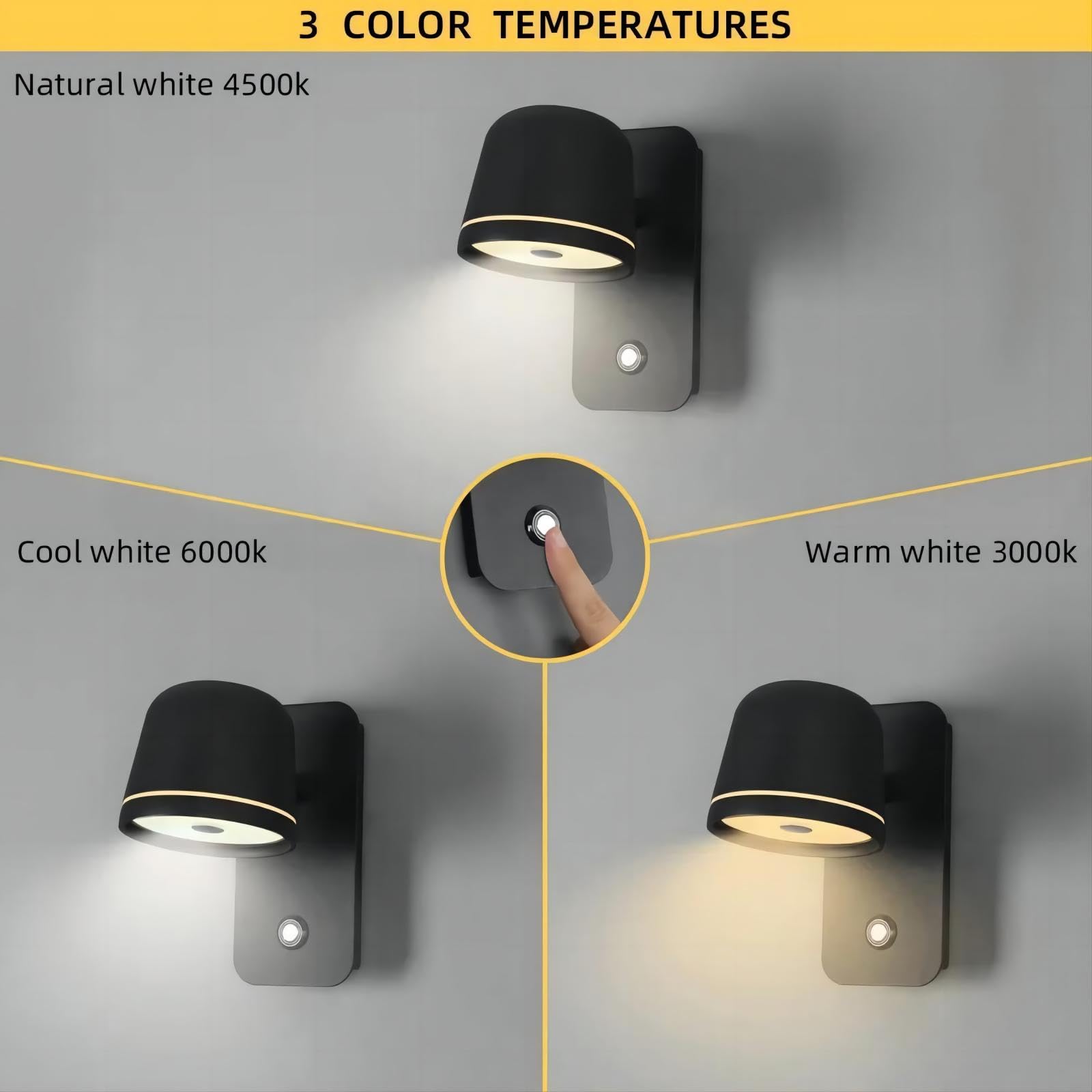 Wandleuchte Innen Schwarz, LED Wandlampe mit Touch Schalter Dimmbar, Modern Aluminium Wandbeleuchtung mit Verstellbarem Kopf, 5W 3000K/4500K/6000K für Flur Schlafzimmer Wohnzimmer