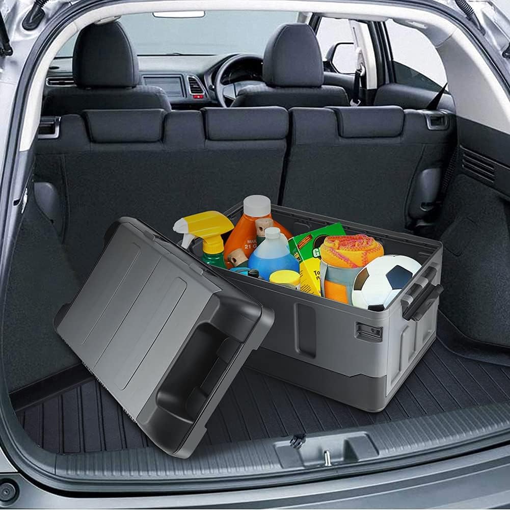 45L Caja de Almacenamiento de Maletero Coche, Organizador Maletero Coche con Cubierta Caja de almacenamiento de plástico plegable para coche para viaje pescar cámping 47 x29 x 29cm(Negro mate)