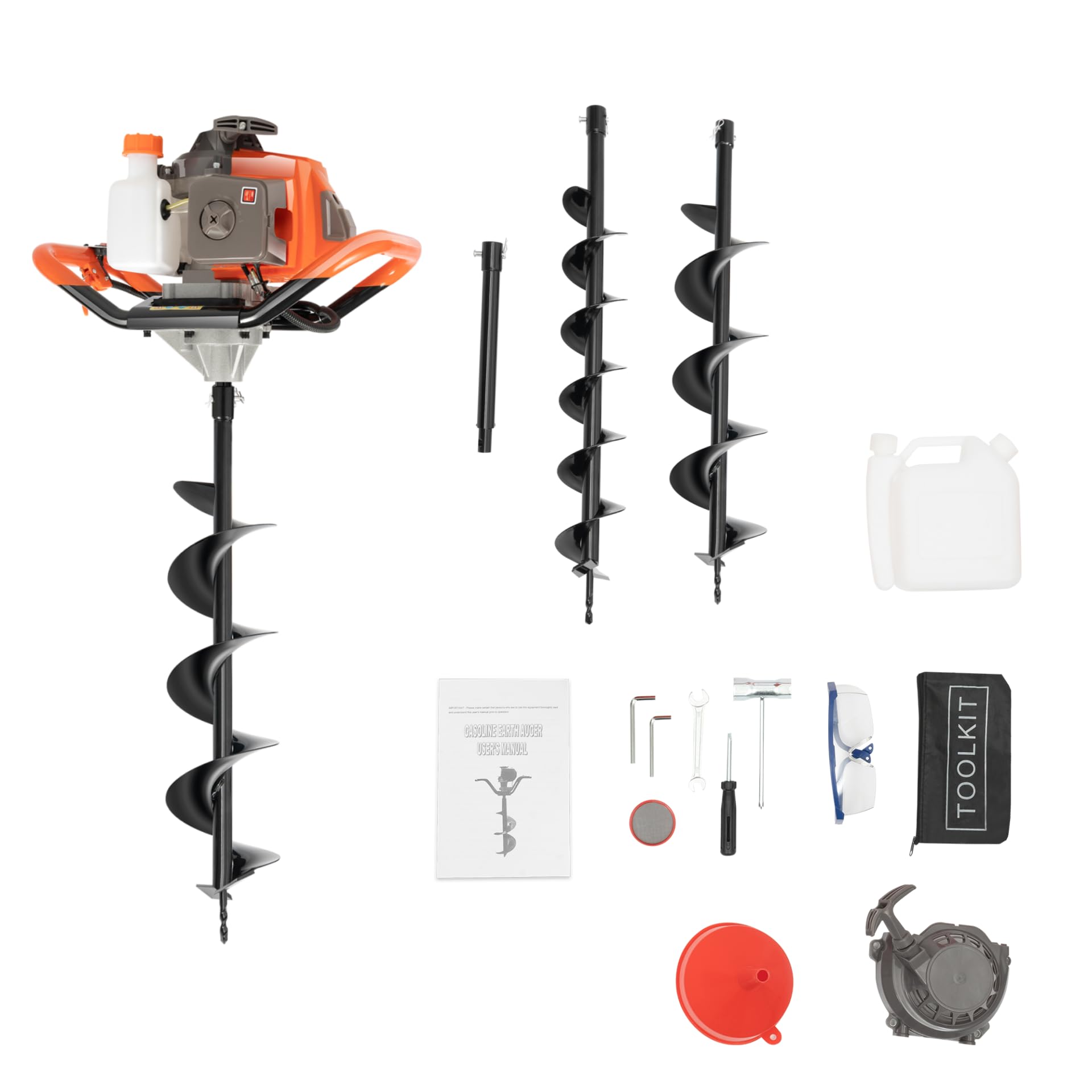 72CC Ahoyadora Gasolina, 2 Tiempos 2300W Taladro de Tierra, Taladro de Gasolina con Sistema de Refrigeración por Aire, 3 Auger 100,150,200mm