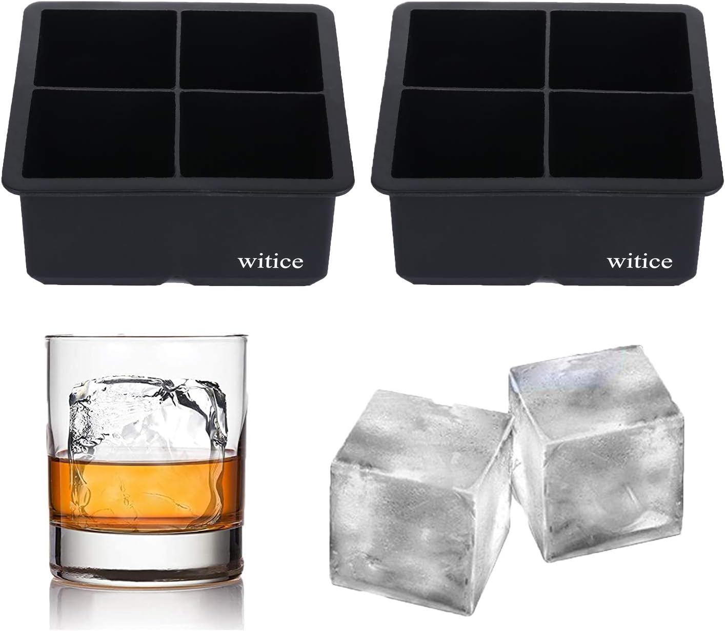 Large Ice Cube Trays Silicone (2.5-Inches) - Whiskey Ice Cube Mold, With Easy Release Ice Cubes for Whiskey and For Cocktail,Food Grade (Black 2 Tray)