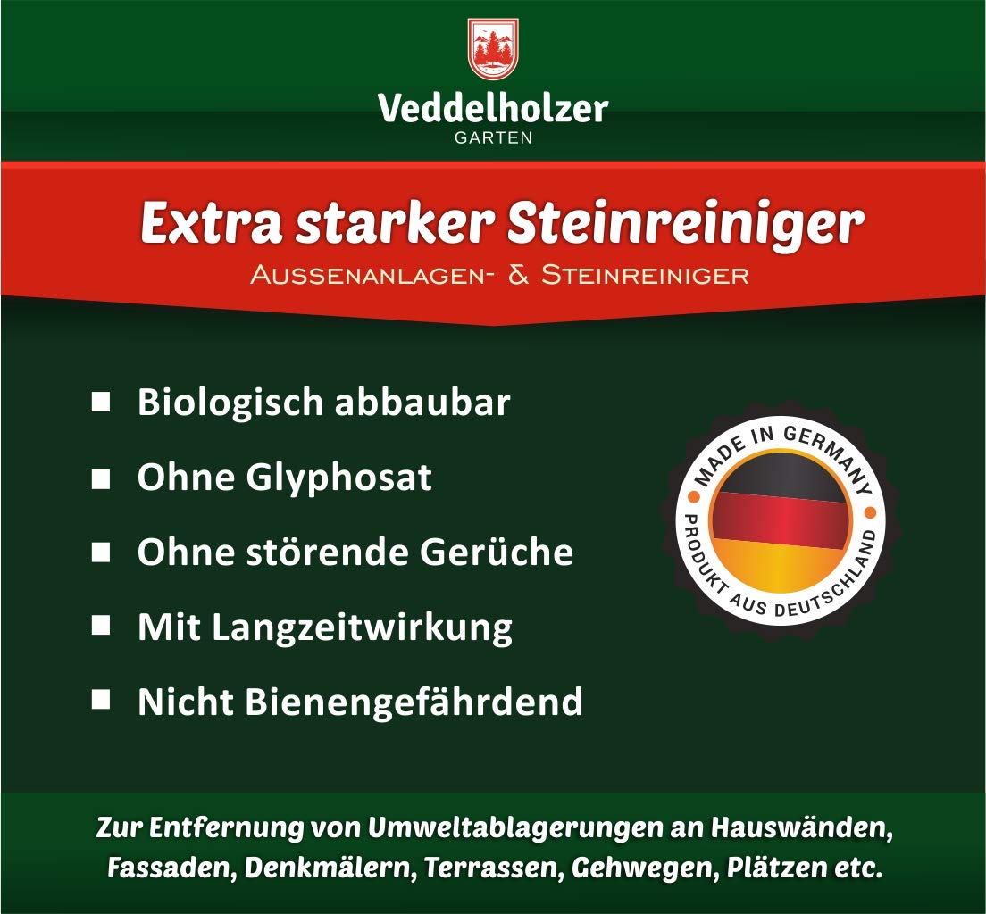 Veddelholzer Steinreiniger 5 Liter Konzentrat mit Langzeitwirkung Qualität aus Germany Grünbelagentferner Außenanlagenreiniger Wege Fugen ohne Glyphosat Unkrautvernichter Pflastersteine