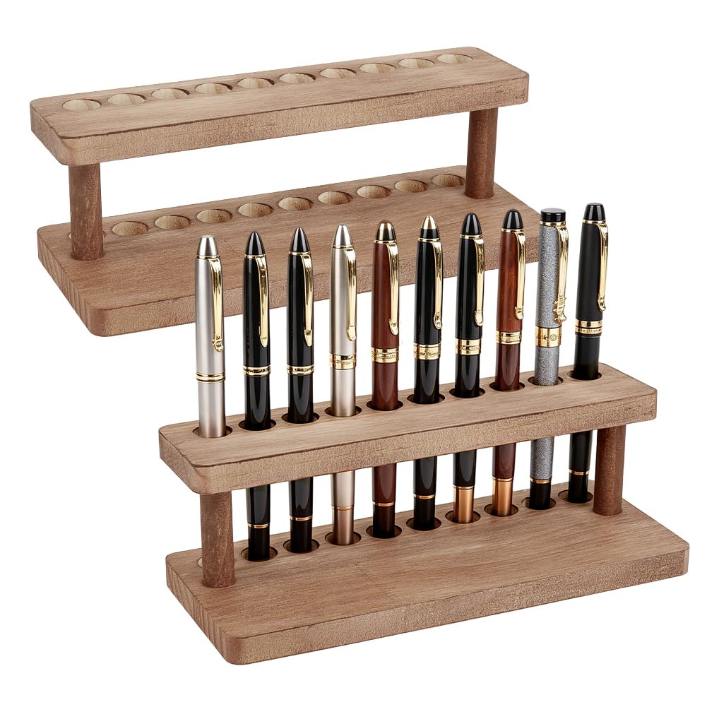 PH PandaHall 2pcs Wooden Pen Holder, 10 Slots Fountain Pens Display Stand Desk Pencil Holding Rack Pen Organizer for School Office Home Store Study Organizing Desk Accessories, 7.9"x3.2"x3.2"