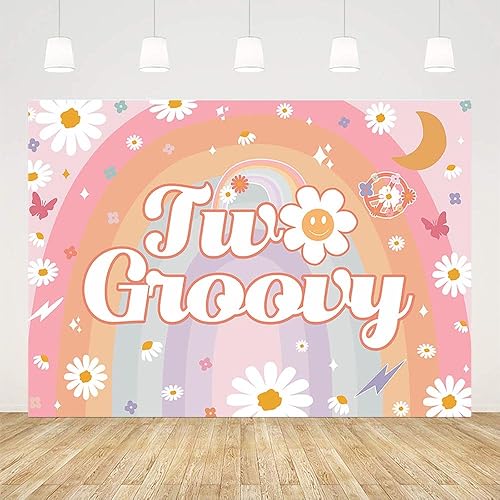 Miniatura 2 de Fondo de fotografía de 2. cumpleaños de 7 x 5 pies para niña, bohemio, arco iris, hippie, paz, amor, flores de los años 70, decoración de fiesta,