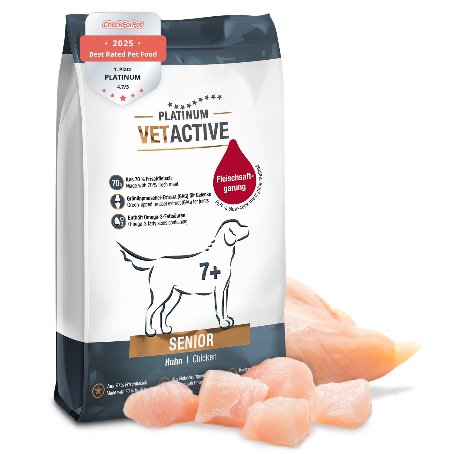 PLATINUM - Hundenahrung VETACTIVE Senior aus Fleischsaftgarung - 5kg Hundefutter trocken nährstoffreich wie Barf - besonders schmackhaftes Hundetrockenfutter für Hunde - fett- und kalorienreduziert