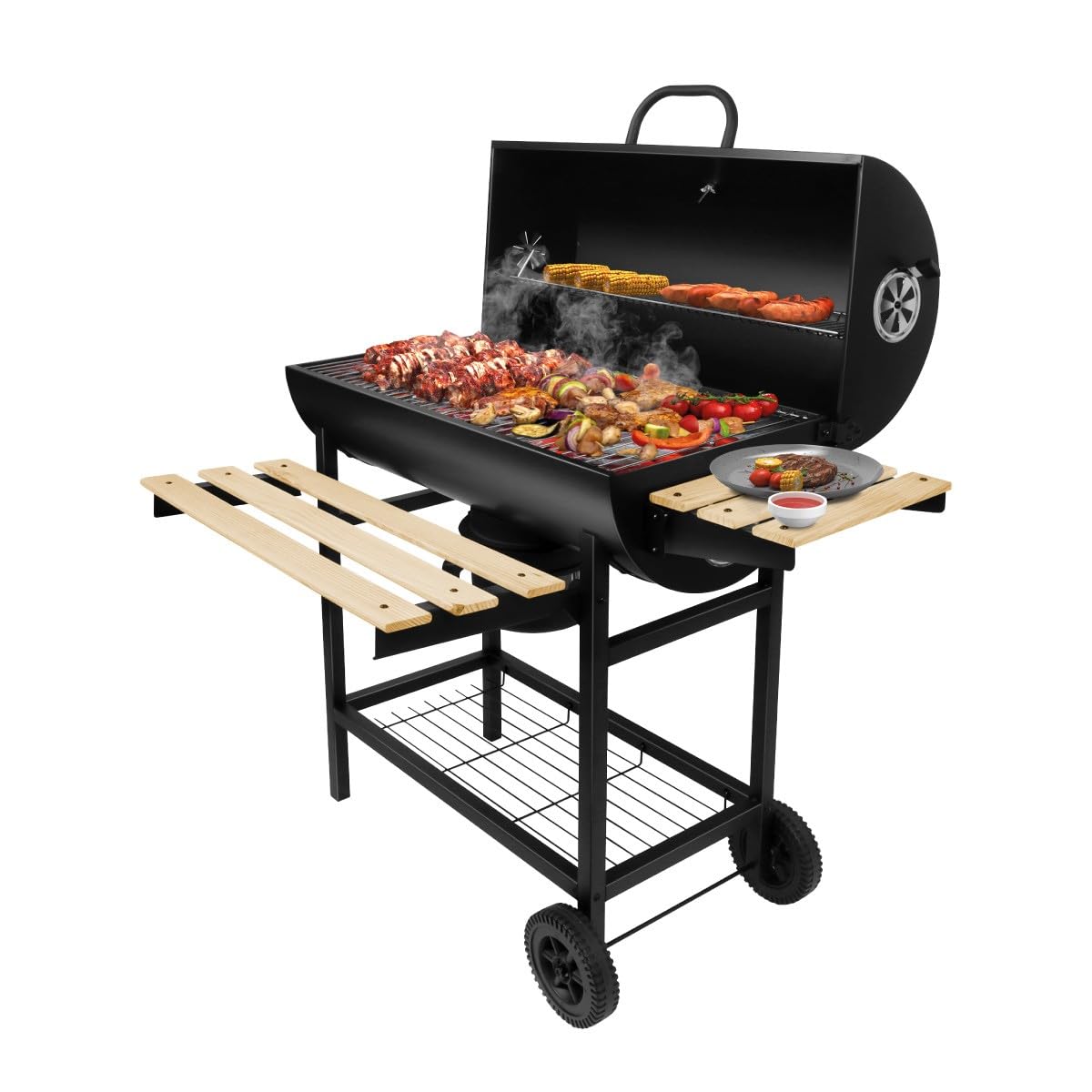 Gregman Roast 80, grill na węgiel drzewny z pokrywą i termometrem, chromowany ruszt do grillowania, duży, zawór wentylacyjny do kontroli temperatury, koła i półki, grill BBQ do ogrodu, na taras