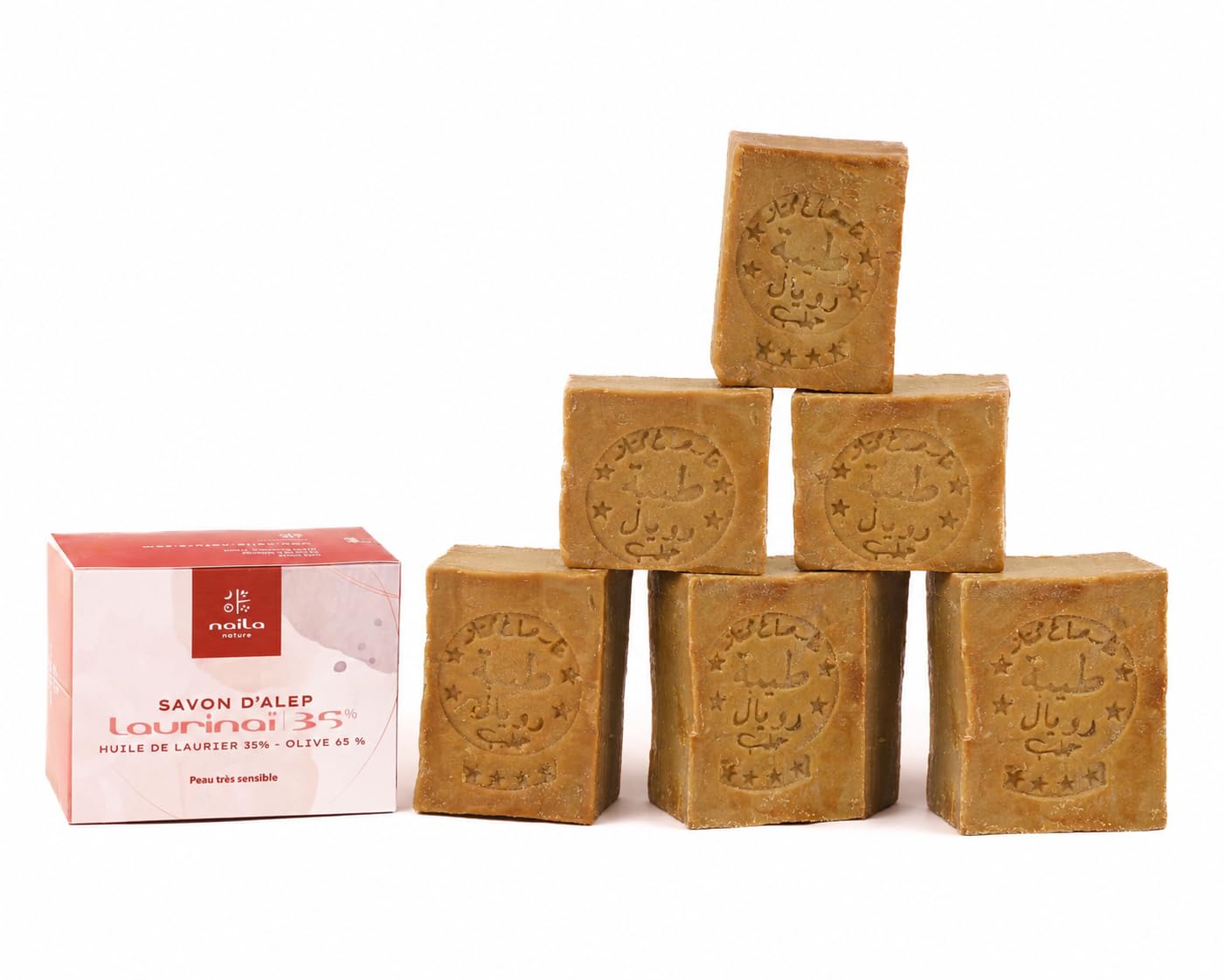 Savon d'Alep 6 x 200 g 65% Pure Olive 35% Laurier – Savon Solide Naturel Visage, Corps et Cheveux - Roche volcanique offerte avec ce Lot