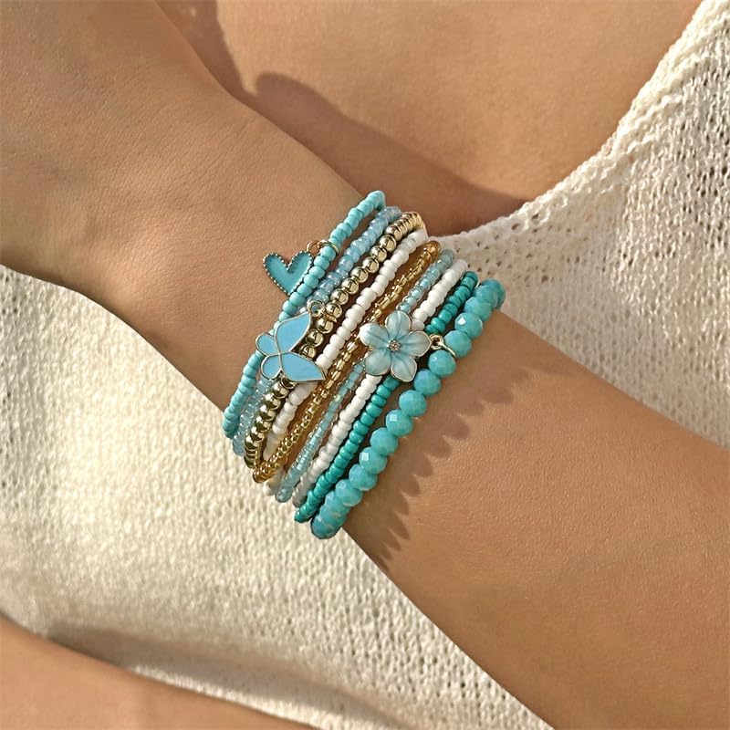Caiyao 9Pcs Bohemian Multilayer Flower Heart Butterfly Pendant Elastic Bracelets Colorful Stackable Seed Beaded Stretch Bracelet Hawaii Friendsgip Wristbands for Women Summer Beach Vacation Jewelry - Image 6