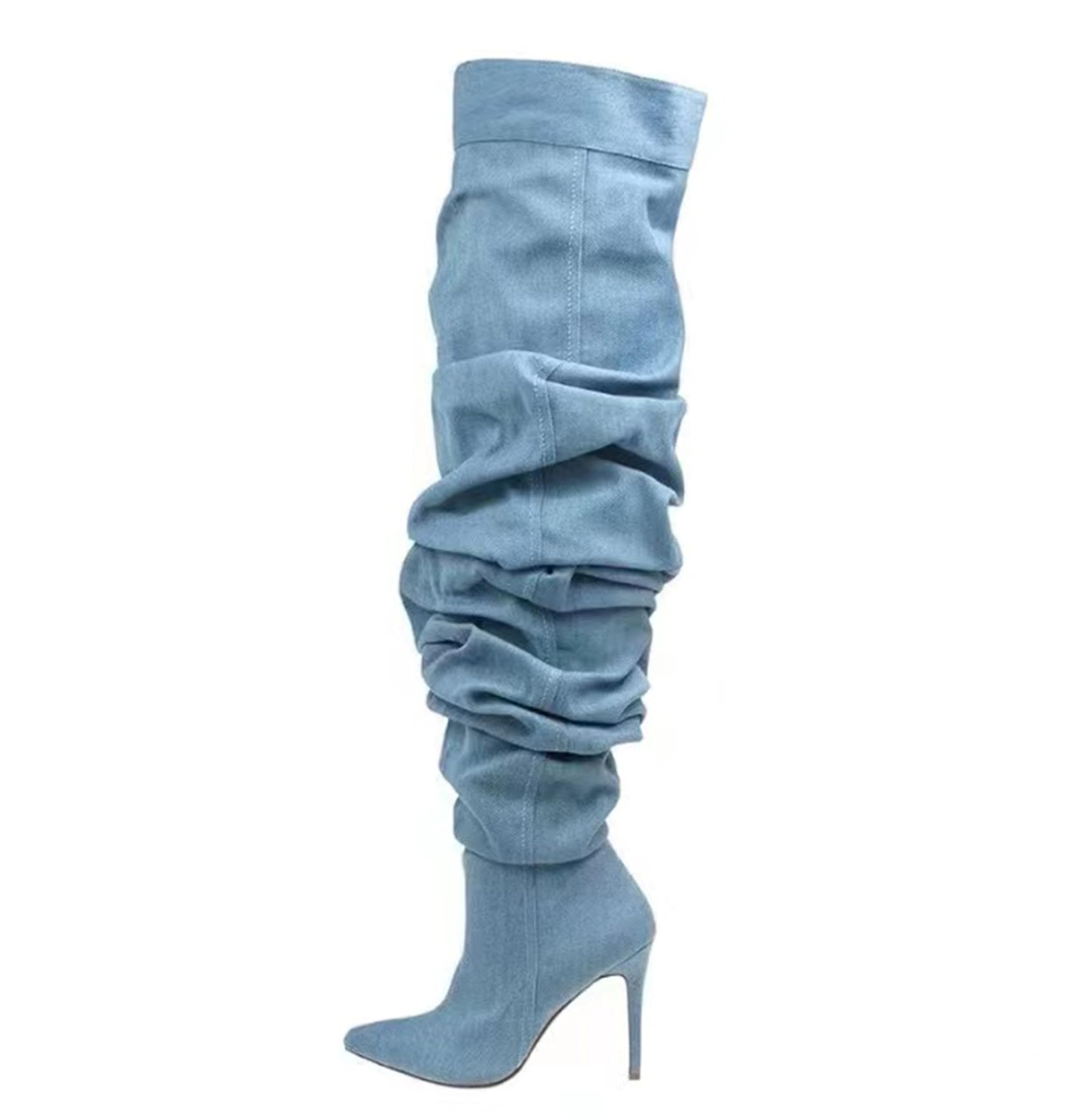 Womens Over-the-Knee Slouchy Denim Boots with 4 3 Stiletto Heel Sexy Pointed Toe Thigh High Fashion Booties for