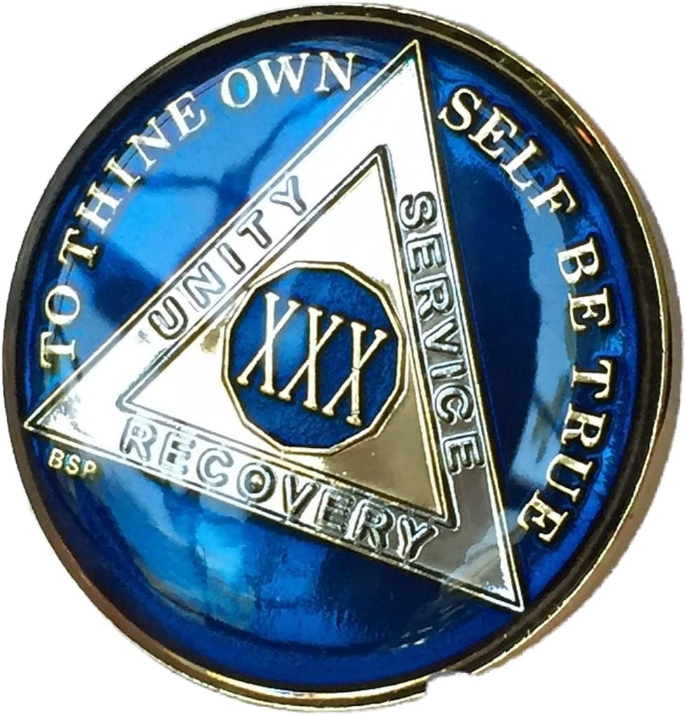 30 Year Midnight Blue AA Medallion Chip Tri Plate Gold & Nickel Plated Serenity Prayer