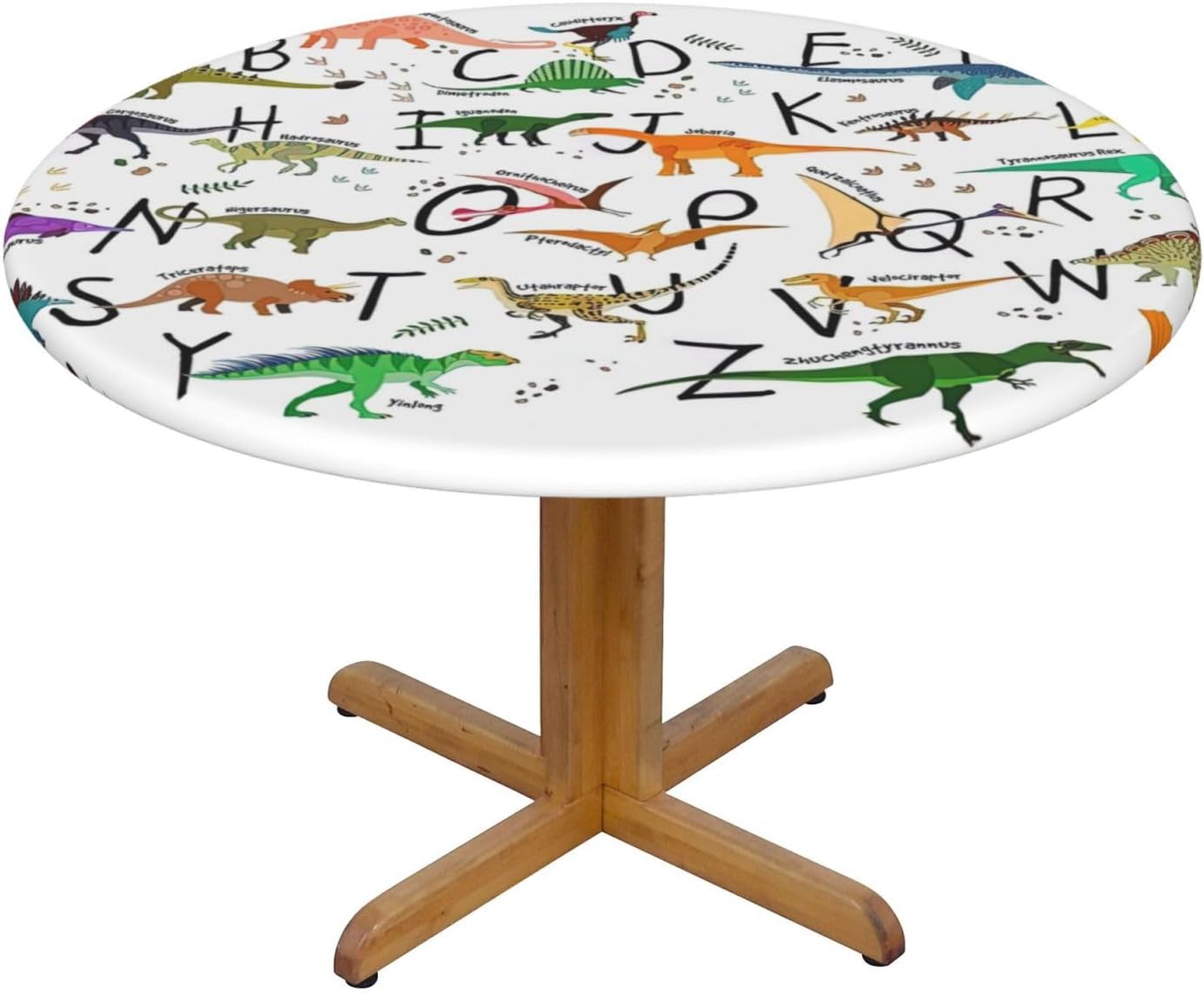 Stylish Learning Alphabets with Dinosaurs Print Outdoor Patio Kitchen Decor Supplies Wipeable Round Table Cloth for Indoor Outdoor