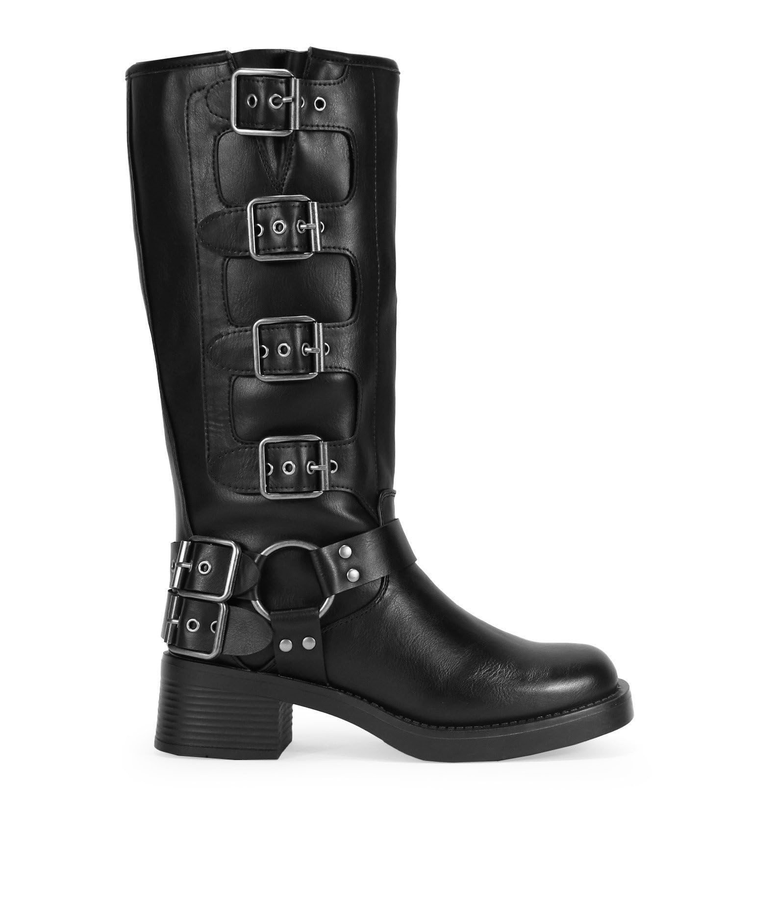 BOSANOVA Bottes hautes de style motard fabriquées avec détail d'anneau métallique et boucles décoratives sur la tige et semelle plate avec talon léger de 4,7 cm sans fermeture. Chaussures pour femme