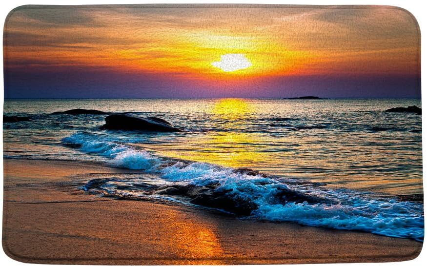 Ocean Beach Sunset Bath Mat Tropical Orange Sky Sunrise Coastal Sea Waves Nature Scenery Landscape Bathroom Decor Rug Doormat Toilet Floor Rug,24x60 Inch