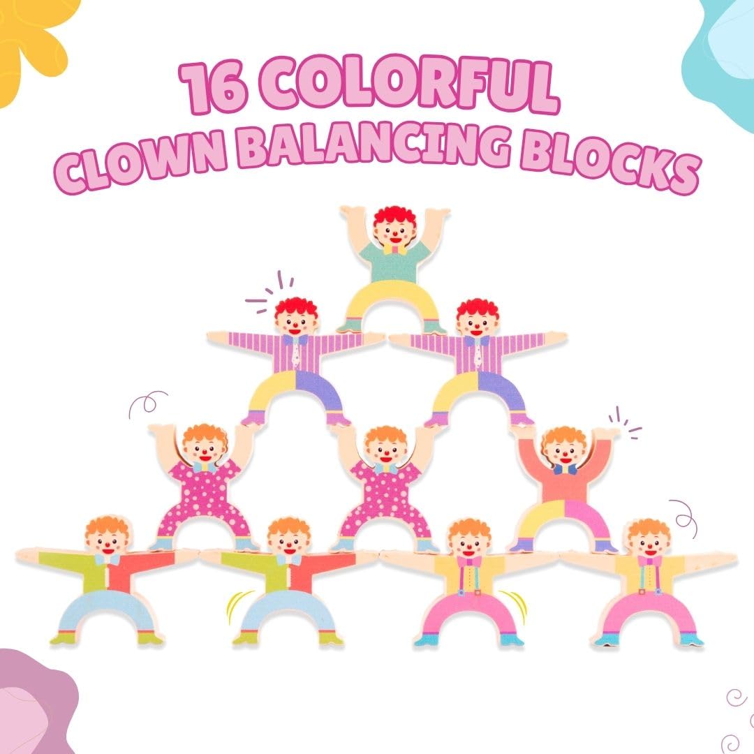 Cots and Cuddles Wooden Balancing Stacking 16pc Block Toys Board Game Learning Educational Stacking for Kids Age 3+ (Clown) - Image 5 thumbnail