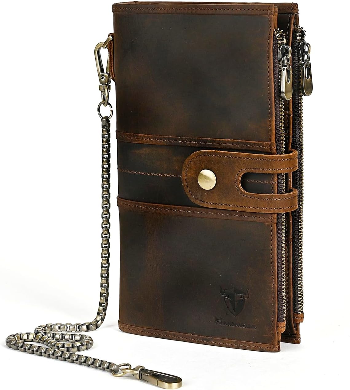 Genuine Crazy Horse Leather Travel Gift Coin Pocket Card Case Long Organizer Chain Rfid Wallet Purse With Snap For Men Male 1803 1815 (1815 Brown)