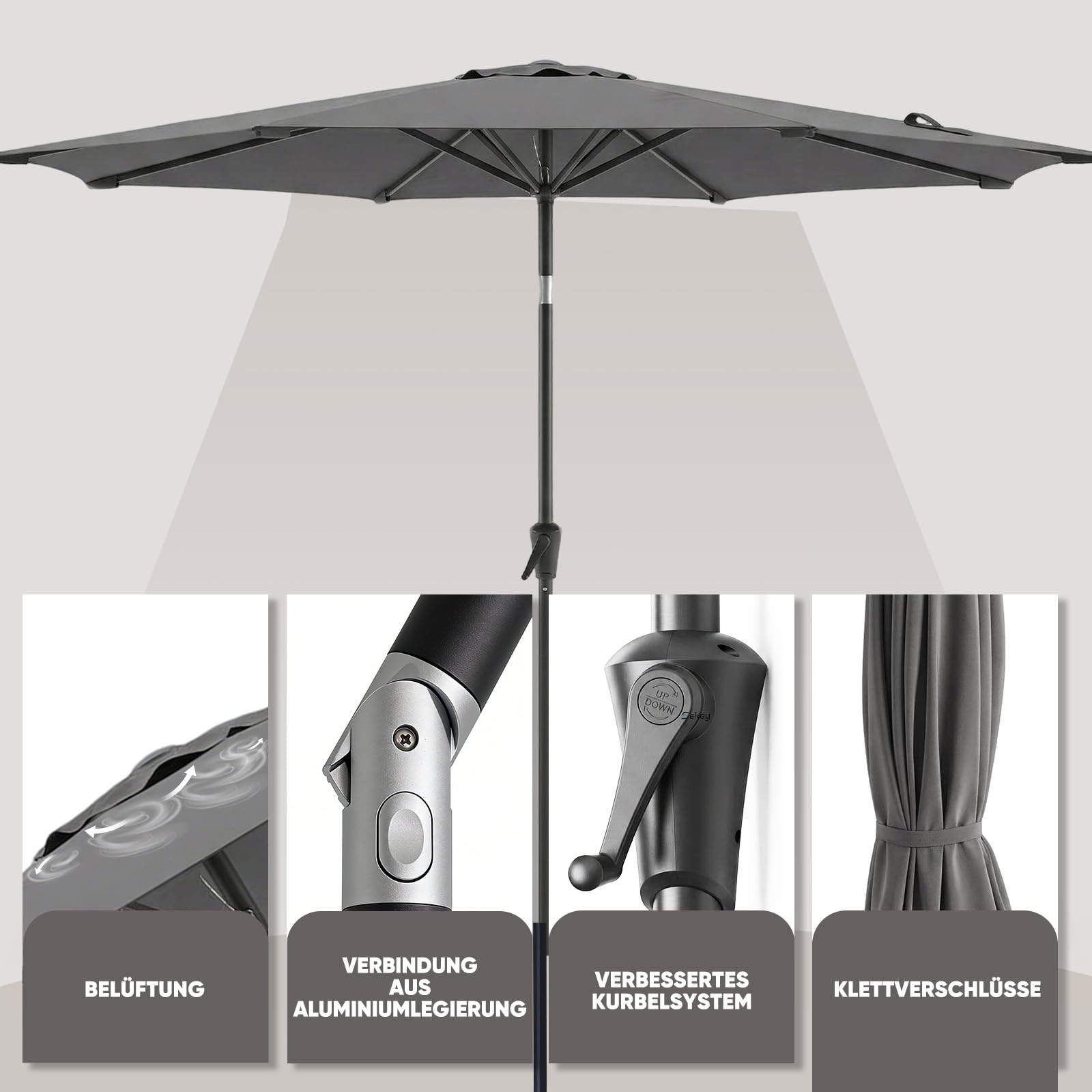 Sekey Sonnenschirm 300 cm mit Kurbel, Gartenschirm wasserabweisend, Balkonschirm UV-Schutz bis UPF 50+, Terrassenschirm neigbar & 8 Streben für Garten, Balkon & Terrasse, Grau
