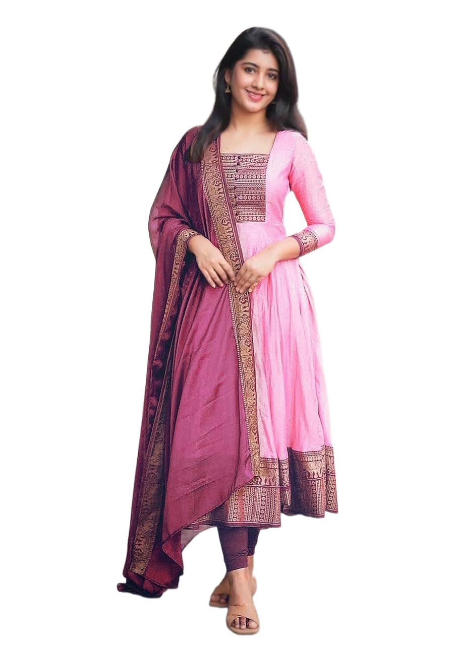 Women's Vichitra Fabric Anarkali Gown with Dupatta | Embroidered Ethnic Gown for Wedding, Festival, Party-image-0