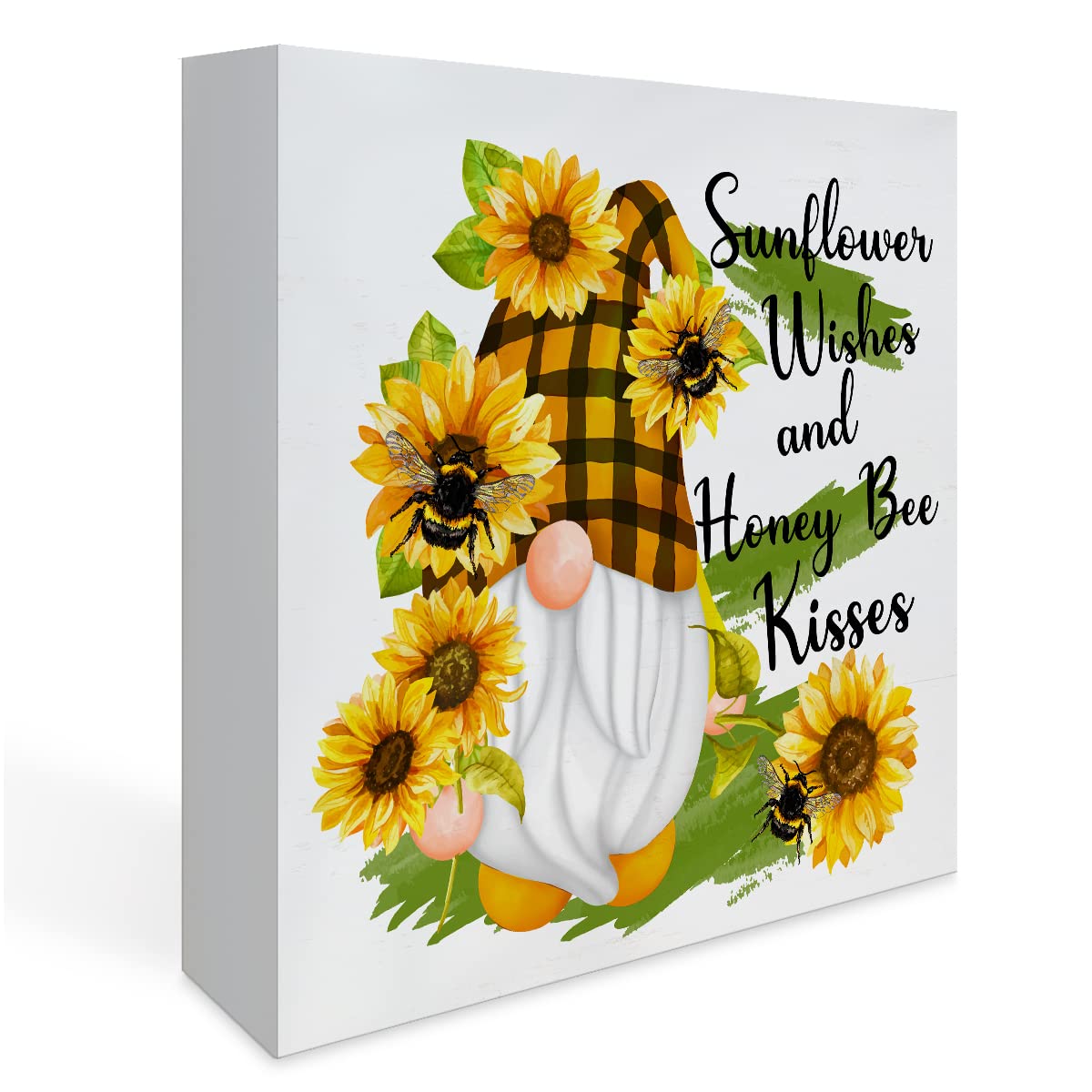Rustic Sunflower Gnome Wood Box Sign, Farmhouse Sunflower Artwork Decor, Sunflower Wishes Wood Square Sign Desk Block Signs Summer Home Shelf Decoration 5 x 5 Inches