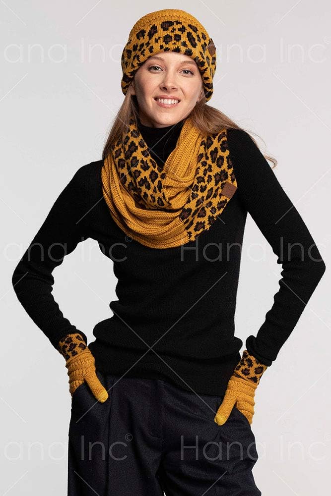 ScarvesMe 2pc Women's Winter Warm Leopard Animal Print Cuffed Beanie with Matching Gloves