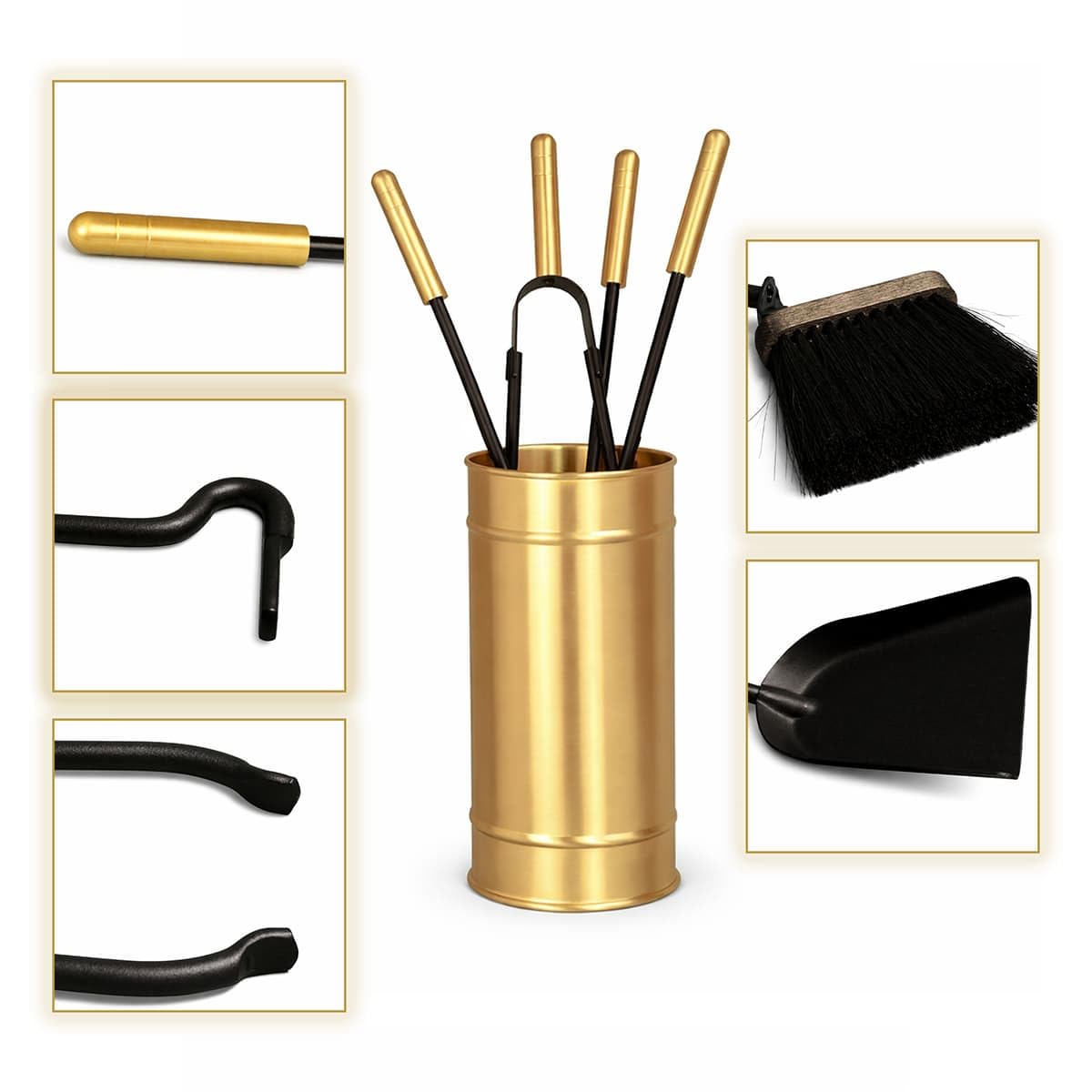 MS Beschläge Kaminbesteck Set 5-teilig Messing – Ofenbesteck modern mit geschlossenem Halter – Kaminzubehör hochwertig Schwarz pulverbeschichtet – Kamingarnitur für Kaminofen und Ofen – Ofenzubehör