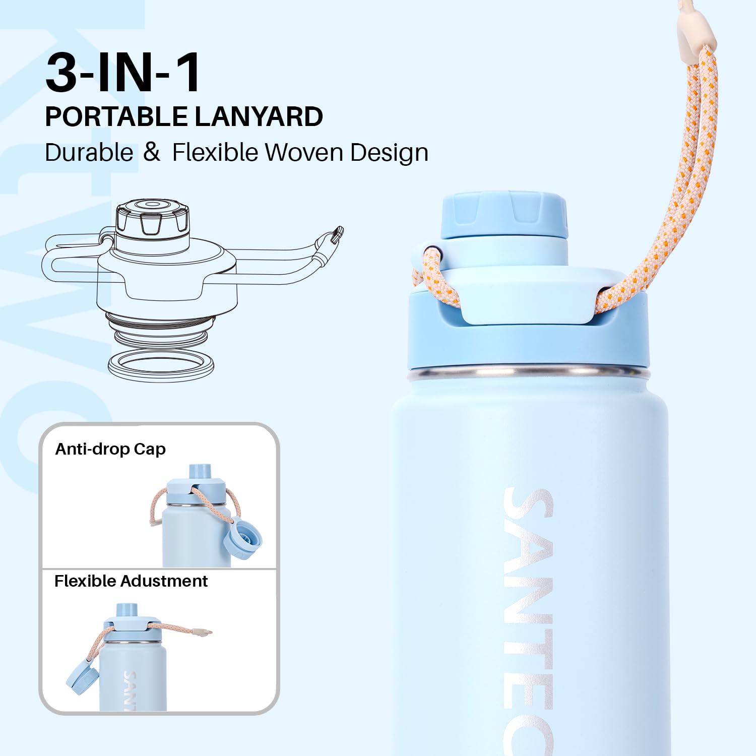 SANTECO Bottiglia d'acqua isolata (710 ml), bottiglia in acciaio inox con tracolla e chiusura a collo largo, a prova di perdite, bottiglia sottovuoto a doppia parete, mantiene le bevande calde e