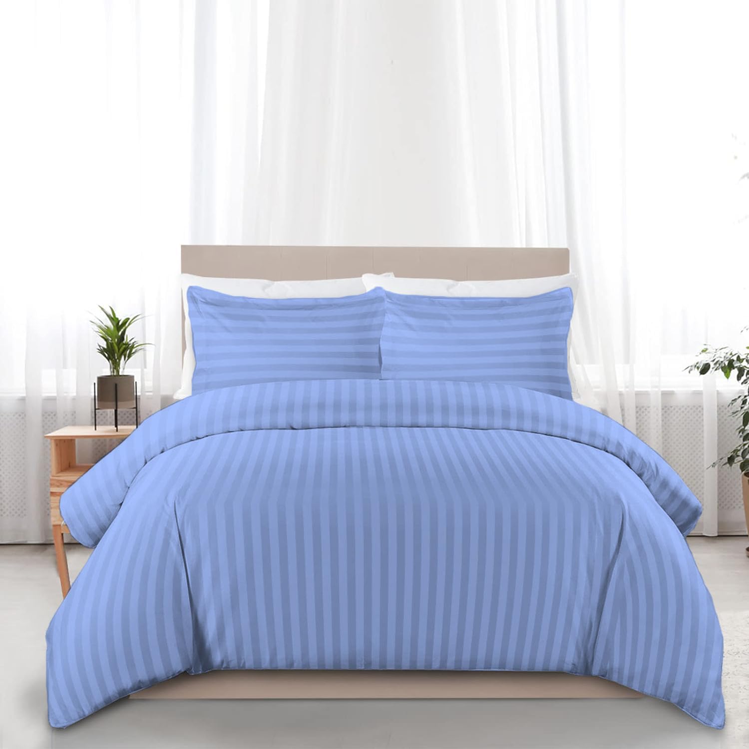 Sapphire Textile Egyptian Cotton Duvet Cover Bedding Set 400 Thread Count Satin Stripe Quilt Cover With Pillowcase Hotel Quality with Easy Closure (Blue, Single)