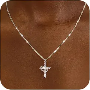 Cross Necklace for Women - Dainty Necklaces Trendy Small 14K Gold Plated Hypoallergenic Infinity Crown Cross Cubic Zirconia Pendant Box Rope Chain Necklace for Women Non Tarnish Jewelry Gift