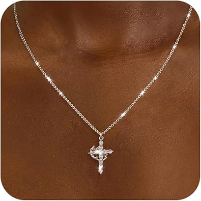 Cross Necklace for Women - Dainty Necklaces Trendy Small 14K Gold Plated Hypoallergenic Infinity Crown Cross Cubic Zirconia Pendant Box Rope Chain Necklace for Women Non Tarnish Jewelry Gift