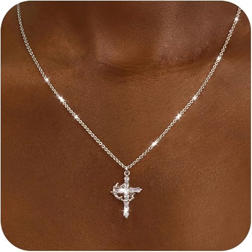 Cross Necklace for Women - Dainty Necklaces Trendy Small 14K Gold Plated Hypoallergenic Infinity Crown Cross Cubic Zirconia Pendant Box Rope Chain Necklace for Women Non Tarnish Jewelry Gift