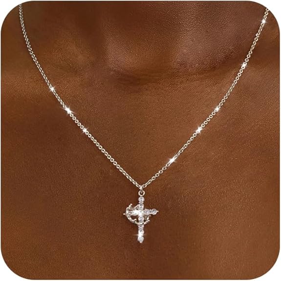 Cross Necklace for Women - Dainty Necklaces Trendy Small 14K Gold Plated Hypoallergenic Infinity Crown Cross Cubic Zirconia Pendant Box Rope Chain Necklace for Women Non Tarnish Jewelry Gift