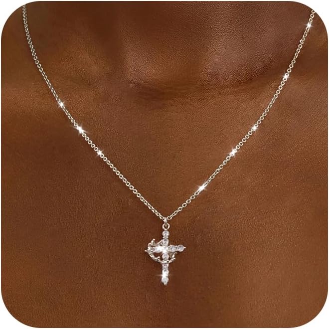 Cross Necklace for Women - Dainty Necklaces Trendy Small 14K Gold Plated Hypoallergenic Infinity Crown Cross Cubic Zirconia Pendant Box Rope Chain Necklace for Women Non Tarnish Jewelry Gift