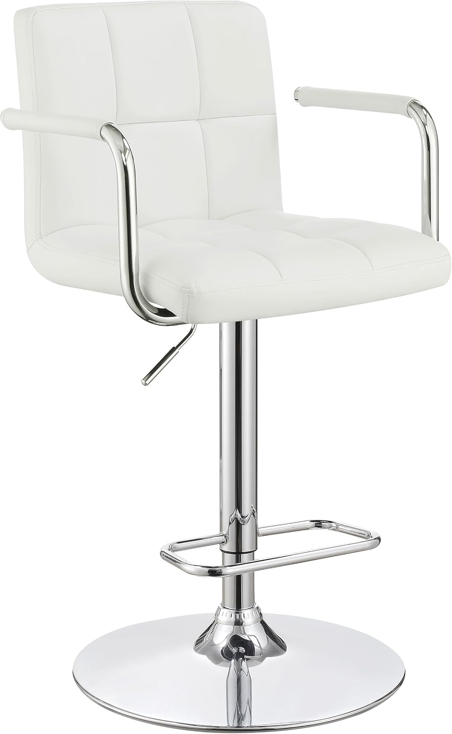 Coaster Home Furnishings - Palomar - Faux Leather - Adjustable Bar Stool with Armrest, Tufted Design, Chrome Base and Footrest - Home Bar, Kitchen Furniture - White & Chrome - 121097