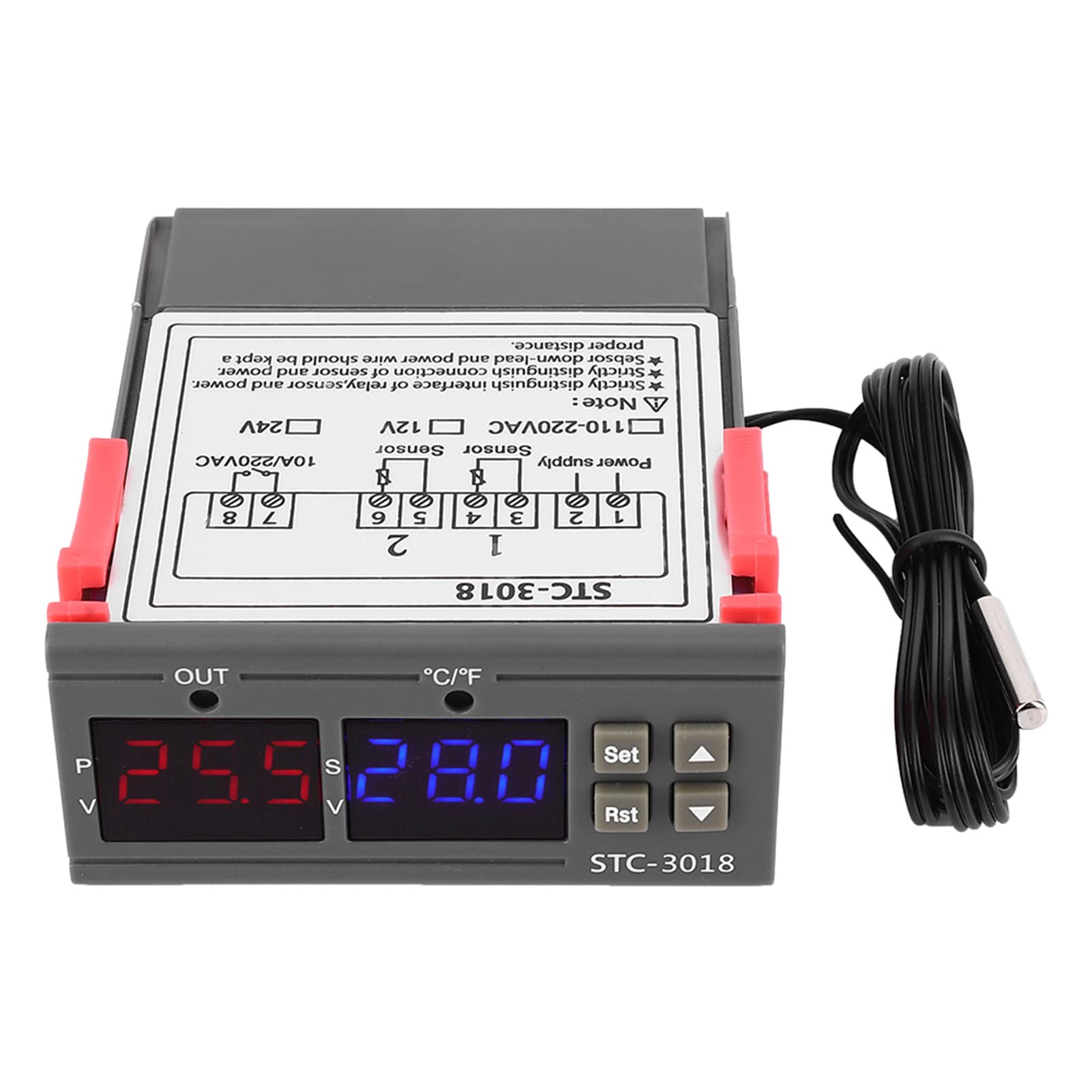 STC-3018 Digital Temperature Controller, Sensor Thermostat Heating Cooling Thermostat Switch with NTC Cable Length 1M for Incubators(24V)