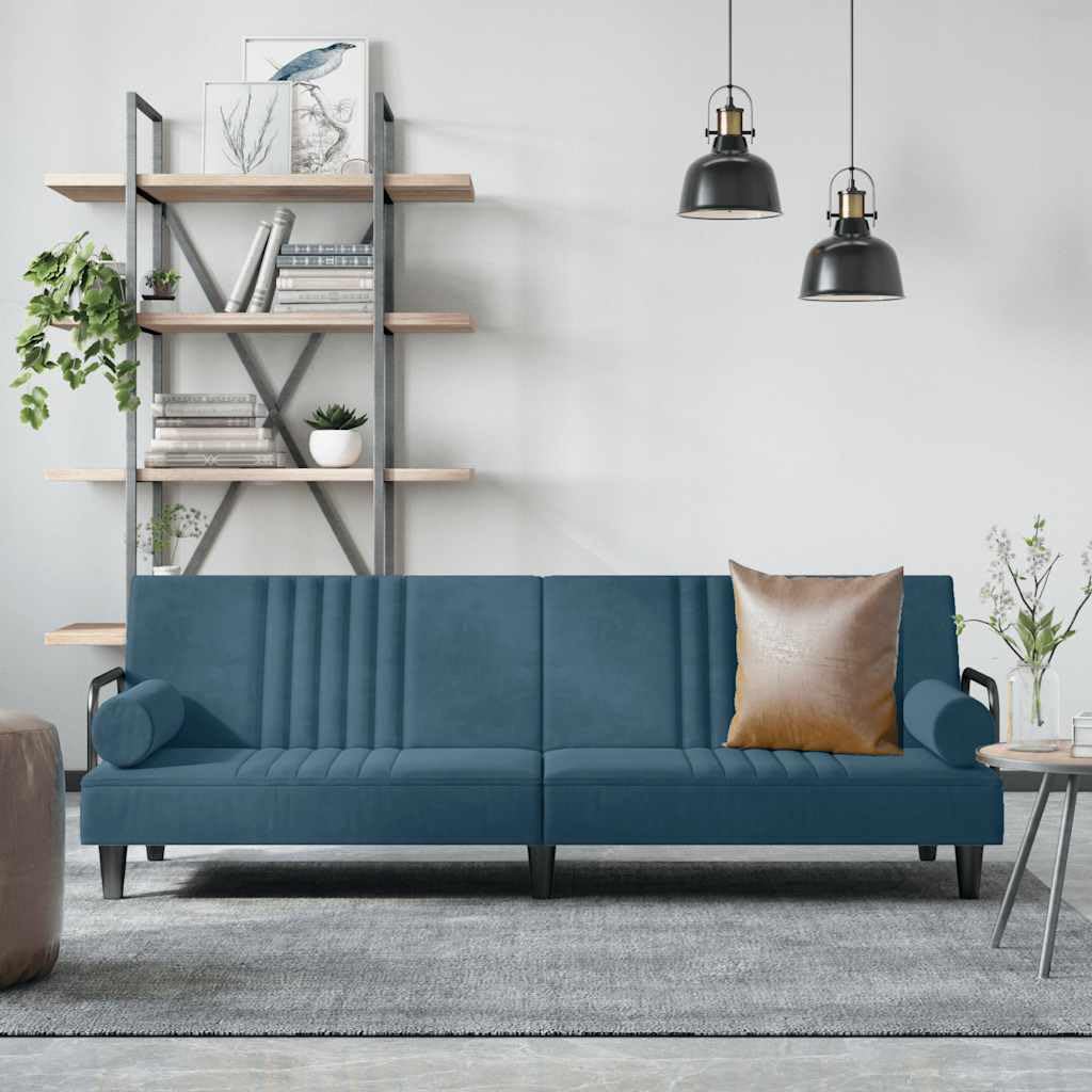Sofa do spania z podłokietnikami, niebieska, aksamitna kanapa z regulowanym oparciem, 205 x 89 x 70 cm, w zestawie 2 poduszki, zestaw tapicerowany z funkcją spania do salonu i biura