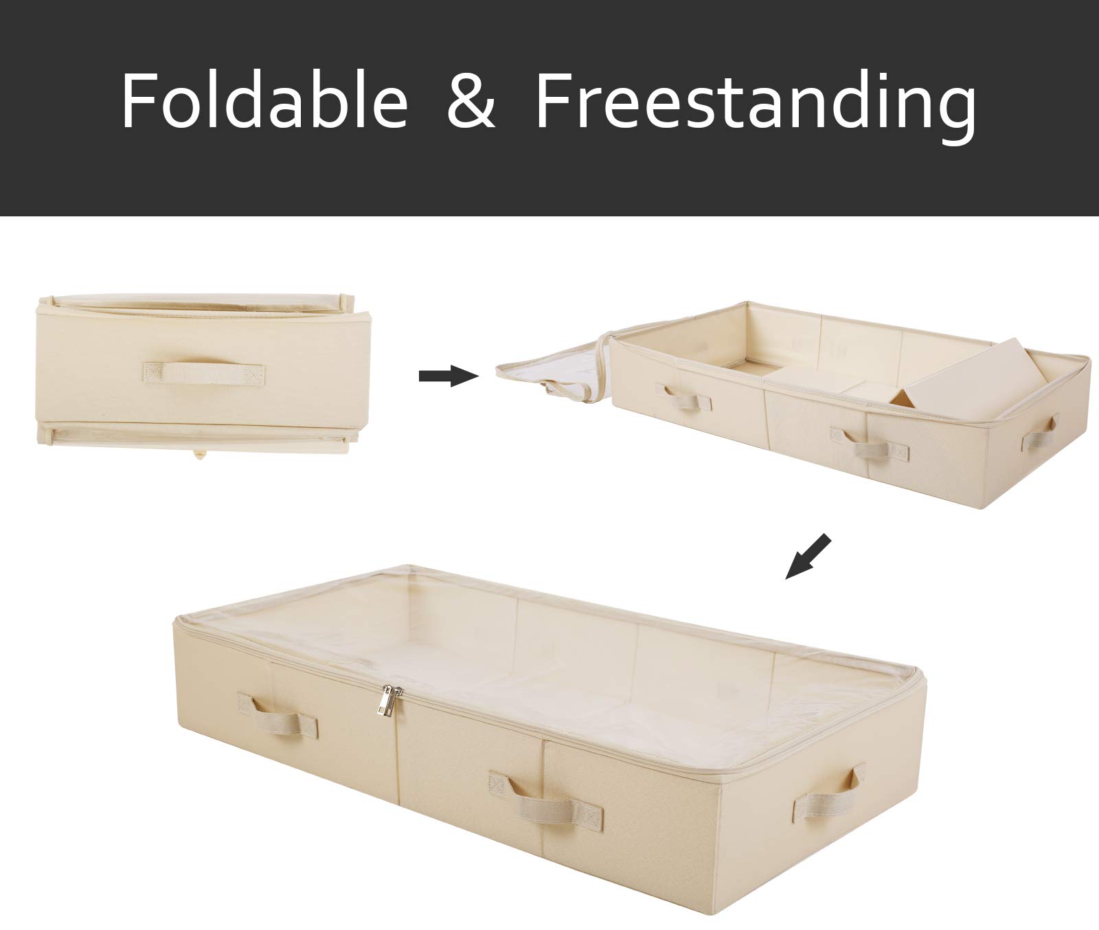 Confezione da 2 contenitori spaziosi e visibili in PVC con coperchio sotto il letto per scarpe, coperte e biancheria da letto, pieghevoli e lavabili. Beige
