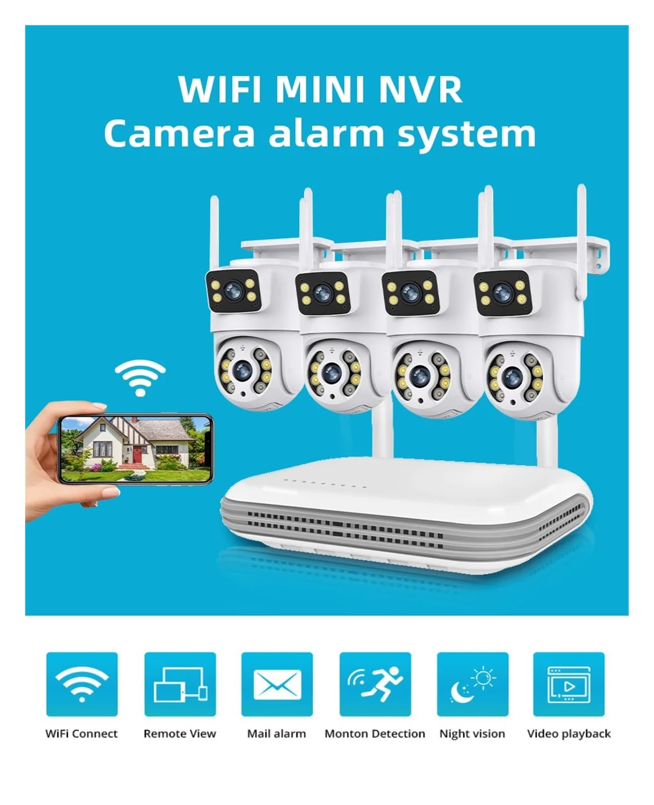 Kamera bezpieczeństwa, System monitoringu WiFi z dwoma obiektywami, kamera PTZ dwukierunkowym dźwiękiem, 8-kanałowy zestaw do wideo NVR(None,NVR add 2PCS A31)