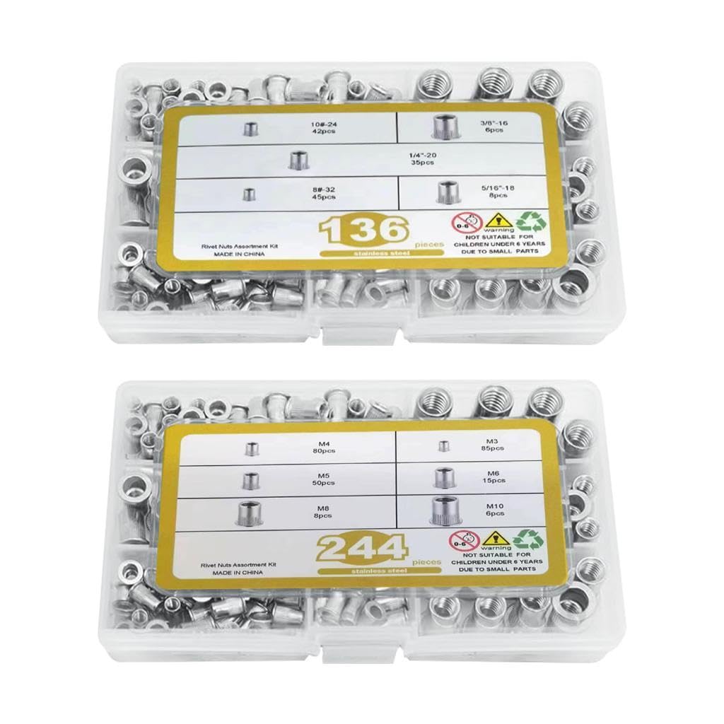 tuerca de remache, Tuercas de inserción roscadas de cabeza plana de acero inoxidable, Tuerca de remache de cabeza plana SAE duradera (plata, 380 piezas)