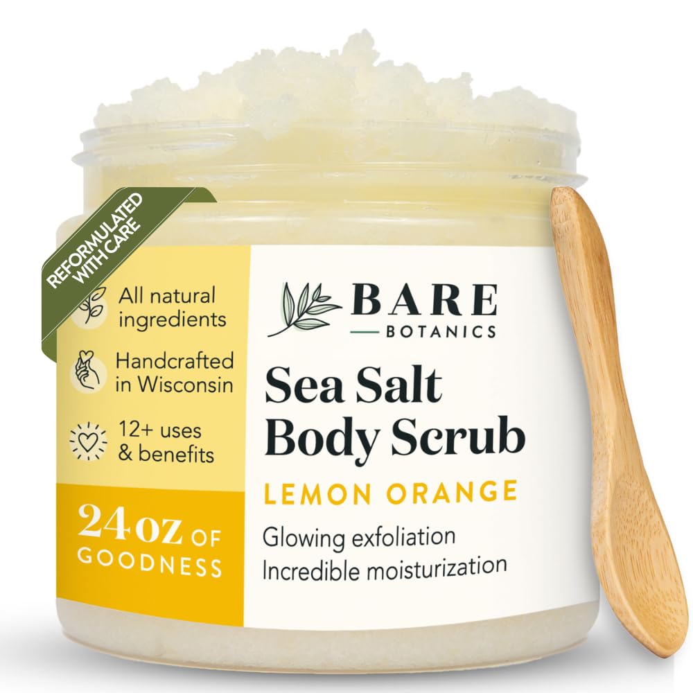 Bare Botanics Lemon Orange Body Scrub 24oz | Made in Madison, WI | All Natural Sea Salt Exfoliator w/Skin Loving Moisturizers | Vegan & Cruelty Free | Gift Ready Packaging w/a Cute Wooden Spoon