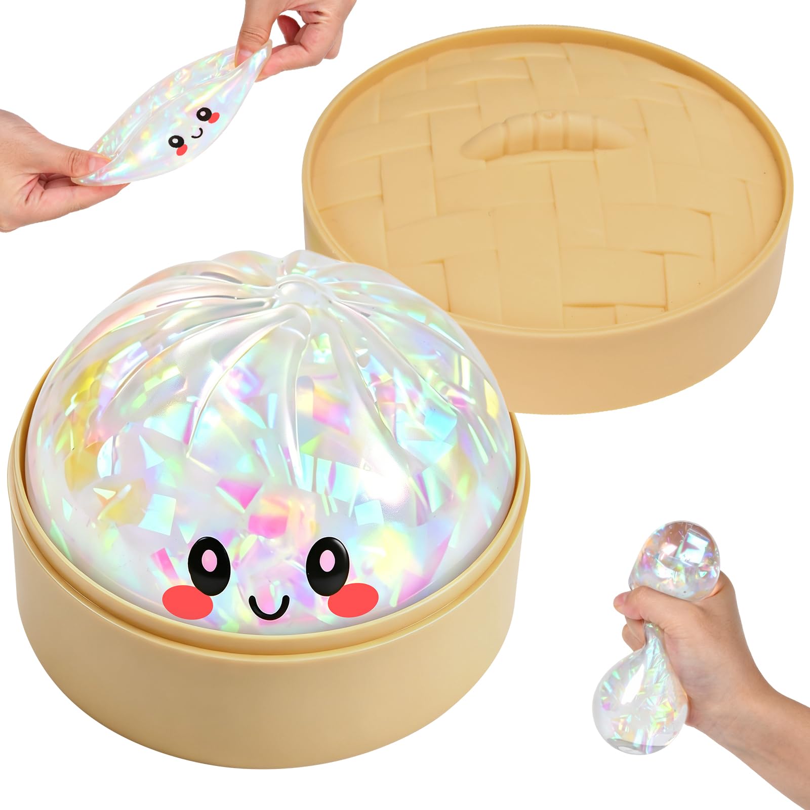 Giant Dumpling Squishy, Glitter Dumpling Squishy Ball with Steamer Box, Mystery Dumplings Squishy Fidget Toys, Sensory Anxiety Relief Squeeze Toy for Kids Adults Focus Gifts