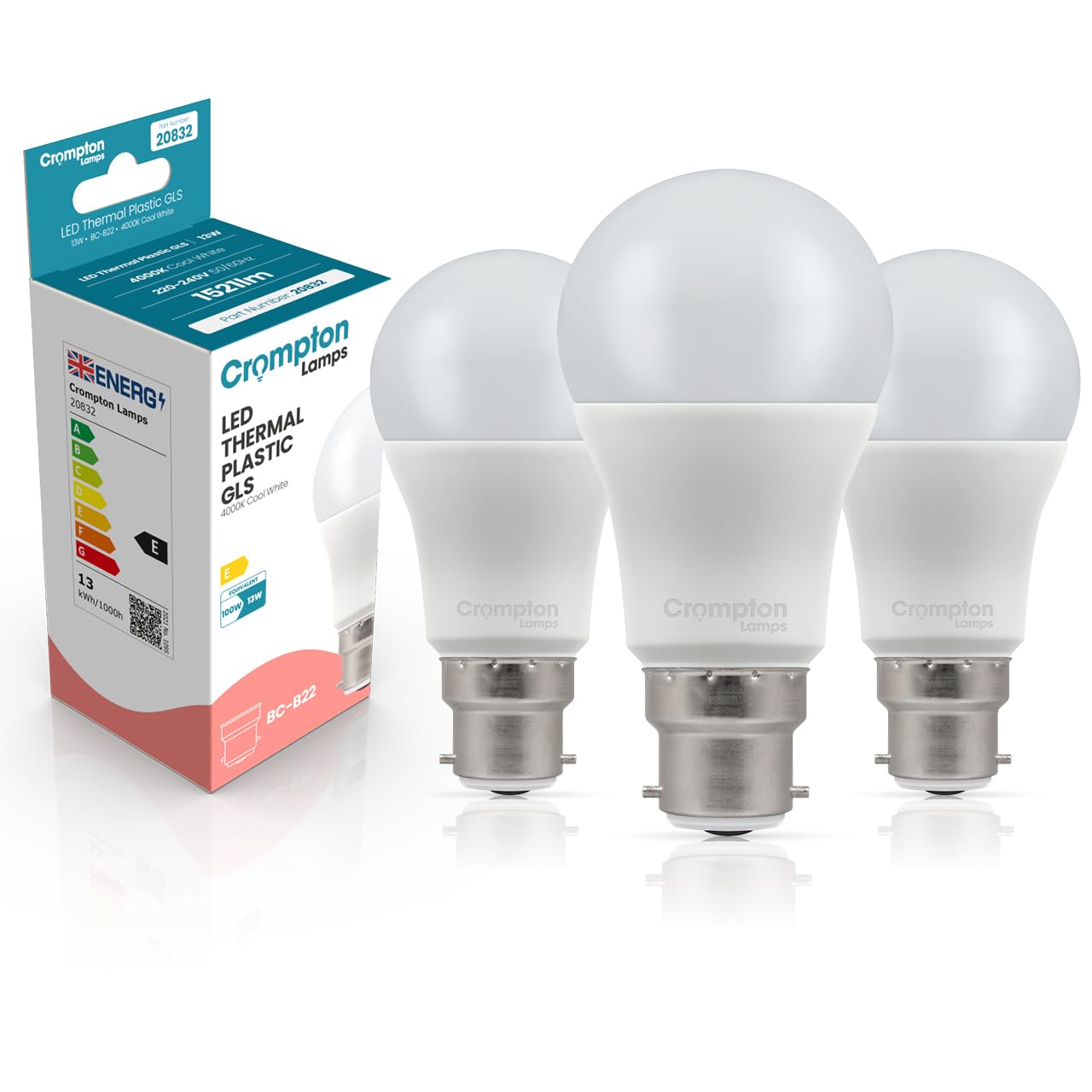 Crompton Lamps GLS LED B22 Bulb | 13W = 100W Equivalent | Cool White 4000K | Energy Efficient | Bayonet Lightbulb | Long Life 15,000-Hrs | Bulbs for Lamps | 3-Pack