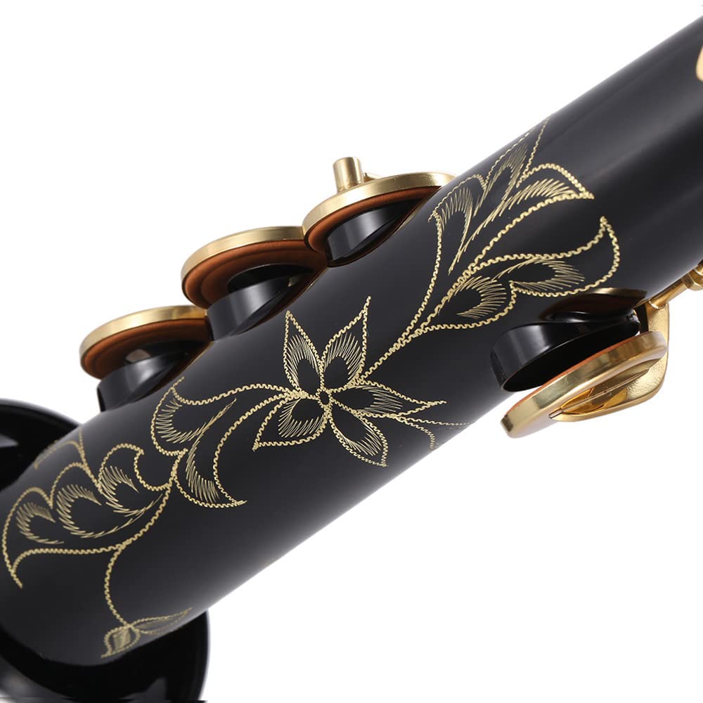 Saxofón soprano, saxofón soprano recto de latón, instrumento de viento de madera, concha natural, patrón tallado con funda de transporte, guantes, correas de paño de limpieza, varilla de limpieza