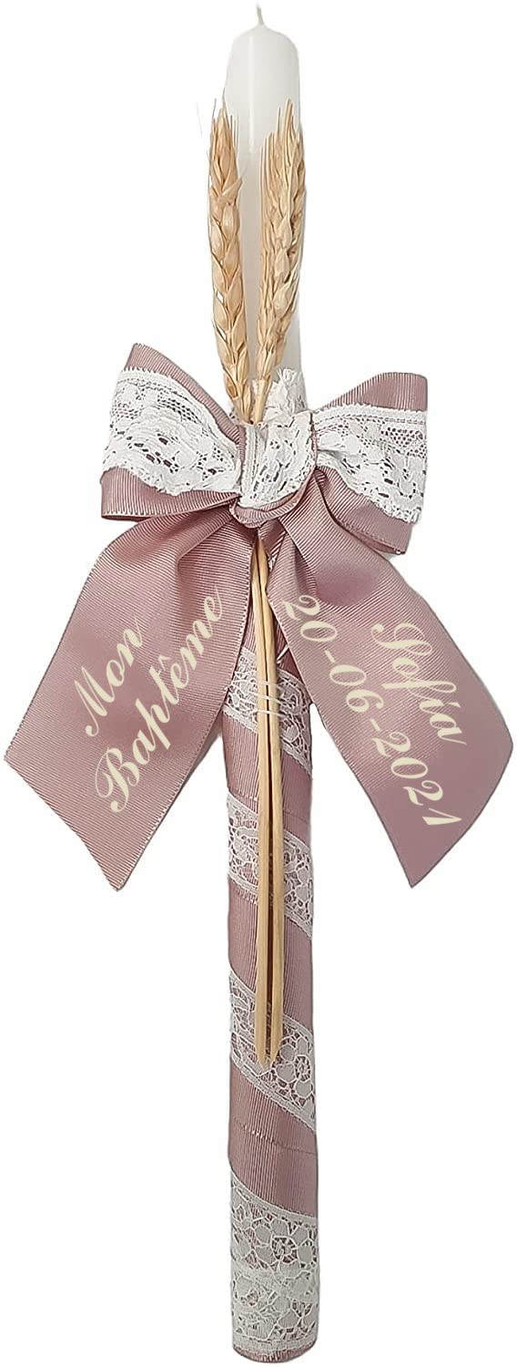 Kit de vela y pañuelo personalizado para Bautizo - Incluye caja de madera grabada – Pack de vela decorada y Paño bordado con nombre y fecha del Bautismo - Modelo Paris (Rosa Maquillaje)