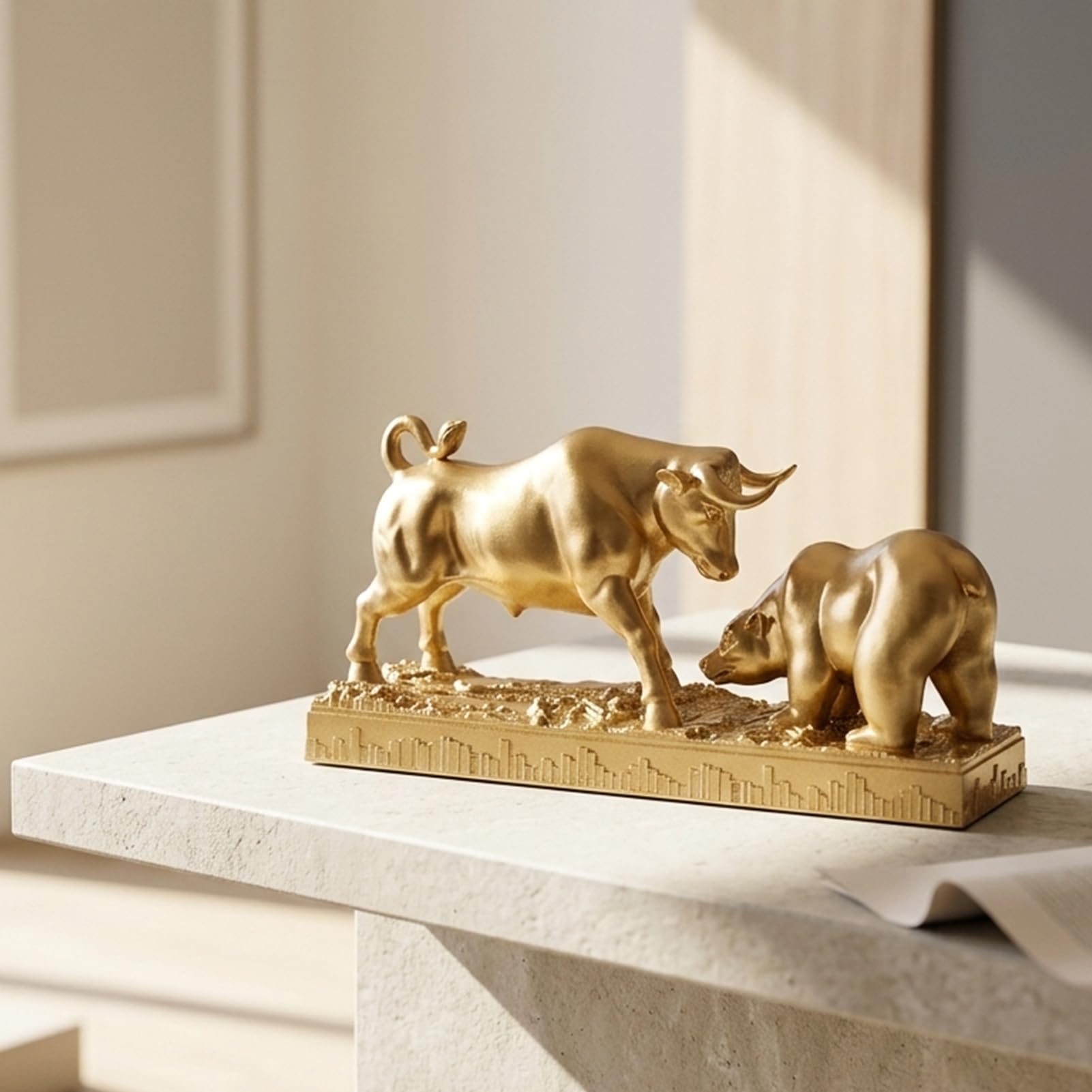 orenm Statue de taureau et ours pour bureau, sculpture de Wall Street Finance, décoration de marché boursier en résine, cadeau pour investisseurs et commerçants (doré)