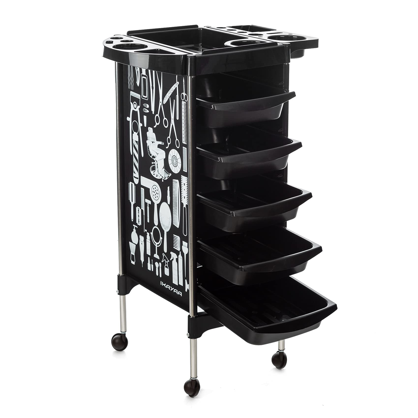 IKAYAA Carros de peluquería Productos de peluquería | Carro enrollable de salón con 5 cajones extensibles Soporte plegable | Cochecito de peluquería SPA para estilista Peluquería peinado | Negro